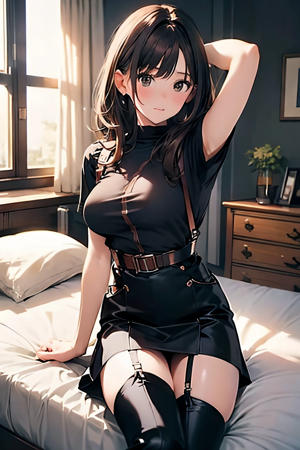 Brown hair、watching at viewers　　　black suspenders　　　Bulging big breasts　　 　 　　　walls: 　Black miniskirt　garters　　　　　　Gaze　　　Small face　bangss 　　　holster　　　Beautuful Women　　hands up　　Leg holster lying on the bed　　Gaze 　black boots panty shot　provocation　flank　Armpit sweat