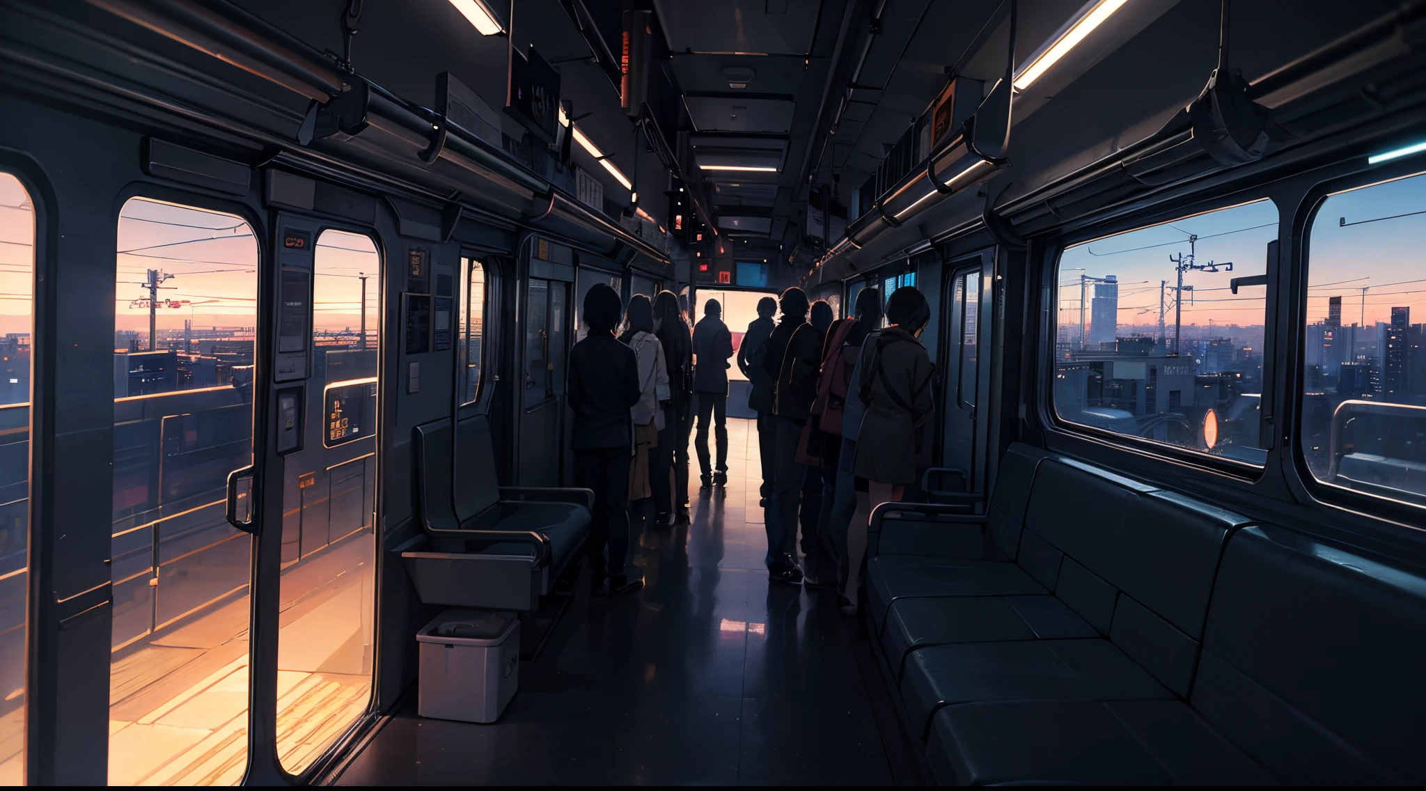 the night, ((Cyberpunk city outside the window, passing under the night sky,)), Cyberpunk city in the window, beautiody, NOhumans, Sonriendo with contacts by color in our ohos, body complet, Outsider , In the background is a station interior in a summer anime scene with a train.......,, anime illustrations by Makoto Shinkai, Trends in Pixiv, magical realism, Hermosa - anime scene, cosmic skies. makoto sinkai, ( ( makoto sinkai ) ), makoto sinkai, The Art of Anime, style of makoto shinkai. detail enhancement, perfect processing of parts. Anime train passing through a body of water on Railrilliant Cielo Estrellado:1.2)。Romantic trip of Makoto Shinkai,pixiv,Araffi'conceptual art style,Reflectorkoto shinkai, lofi art, hermosa in anime, Anime Drawings, style of makoto shinkai, style of makoto shinkai,detail enhancement。 foreground