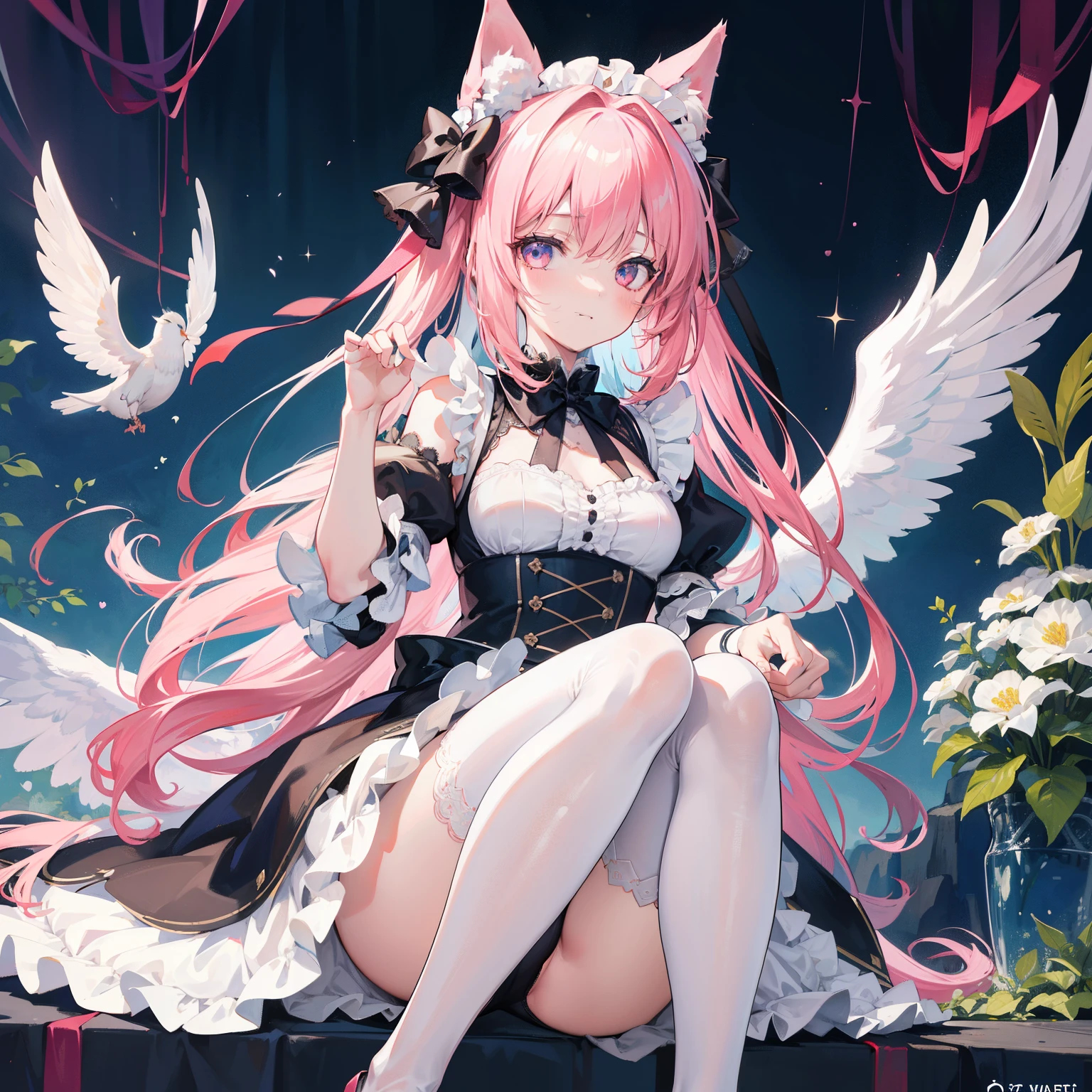 above from,The upper part of the body,(((credibly_absurderes))),(((Ray traching))),((({best qualtiy},{{tmasterpiece}},{hight resolution},Original,Very detailed 8k wallpaper,1girl in,{extremely delicate and beautiful},))),(((Ray traching,{best qualtiy},{{tmasterpiece}},{hight resolution},Original,Very detailed 8k wallpaper,{Very sophisticated、Beautiful fece},,credibly_ridiculously colorful,intricate-detail,Art Book,))),{best qualtiy},{{tmasterpiece}},{hight resolution},Original,Very detailed 8k wallpaper,{an extremely delicate and beautiful one},,see -through,adolable,Art Room,hight resolution,GameCG,(((Very detailed CG Unity 8K wallpaper))),(((A lovely ))),Cat_Ears,White cat ears(The inside of the cat's ears is pale pink),hime_cut,Long Black Hair,Jifa,Qi bangs,Long hair on the sides of the cheeks,looking at viewert,evil smile,sitted,Get on your knees and get on the float,hidden hand,Knees together,pigeon-toed,Phoenix Eye,Bright eyes with pink gradation eyes,Dolce_Lolita,white_thighs thighs thighs thighs,ribbon-trimmed sleeves,tress ribbon,Maid headdress,hair adornments,Hair Bow,shairband,beautiful boob