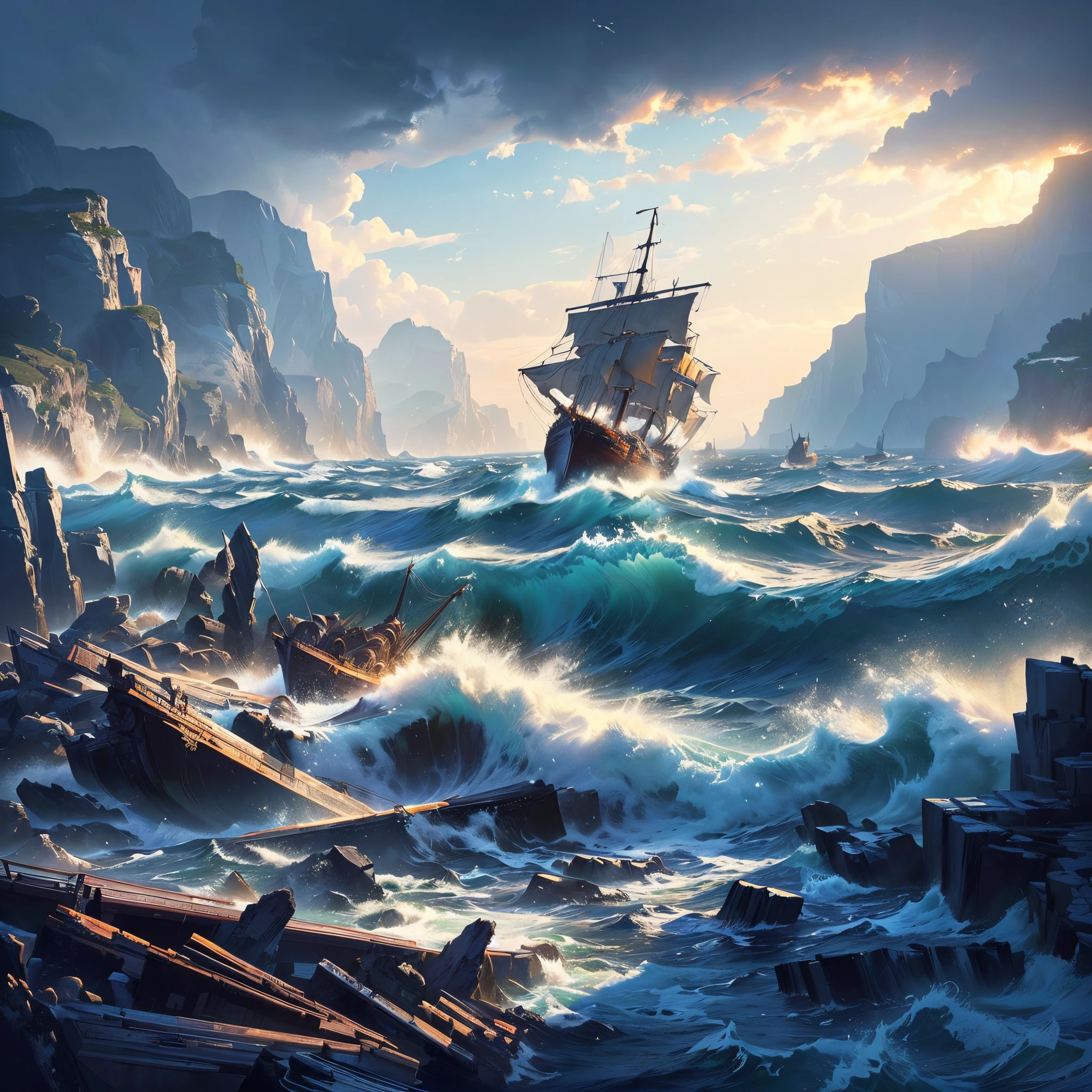 There is a ship sailing in the ocean near the rocky coast, a ship lost in a storm, 4k highly detailed digital art, 8K Stunning Artwork, Inspired by Stephen Cordell, author:Fyodor Rokotov, Andrei Esionov, Inspired by Noah Bradley, Igor Kufayev, inspired by Igor Kieryluk