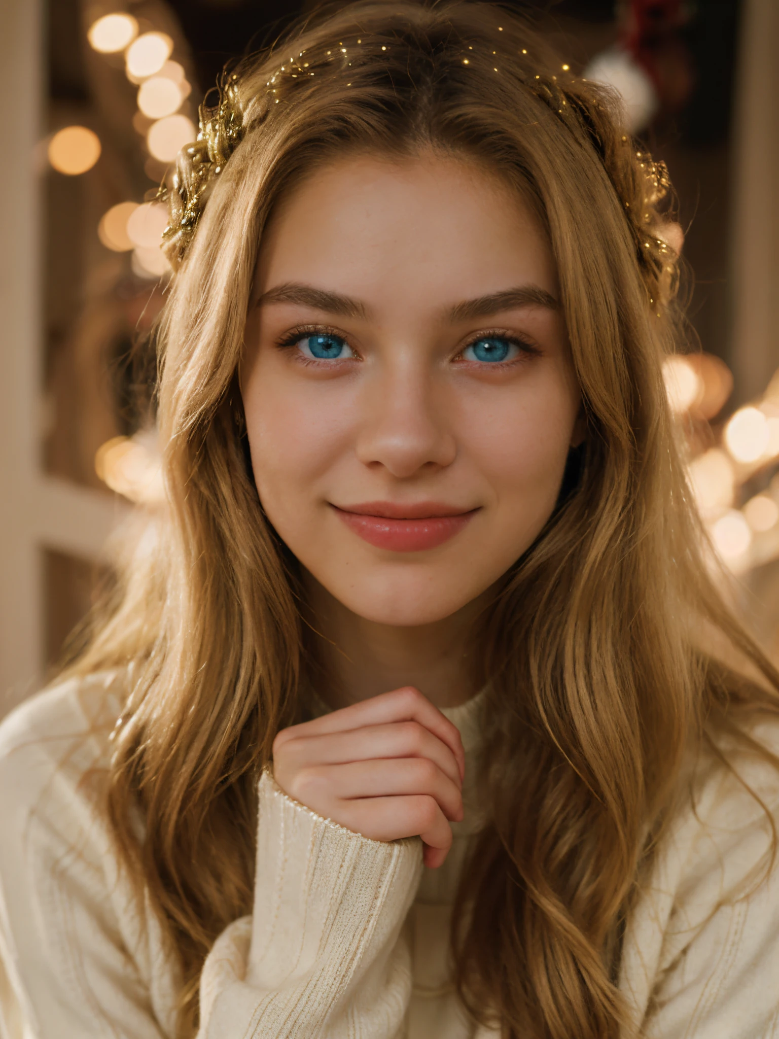 1girl, solo, smile, christmas tree, long hair, sweater, blue eyes, looking at viewer, realistic, blonde hair, blurry, sleeves past wrists, white sweater, christmas, indoors, christmas ornaments, upper body, lips, long sleeves,