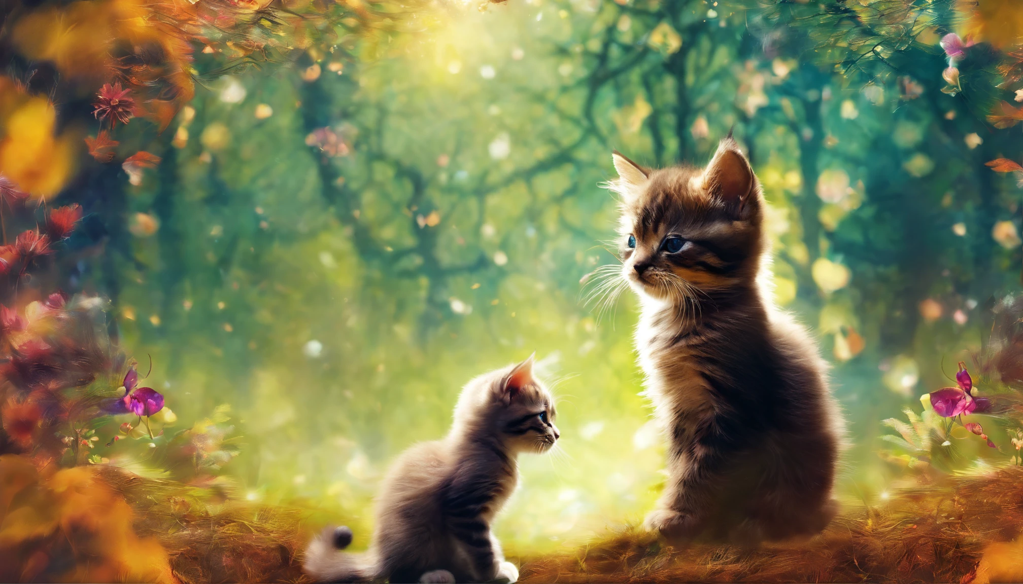Doubleexposure，Cute kittens，ln the forest，double exposure enhancement，super-fine，hyper HD，8k，artworks，corenderer，Positive perspective
