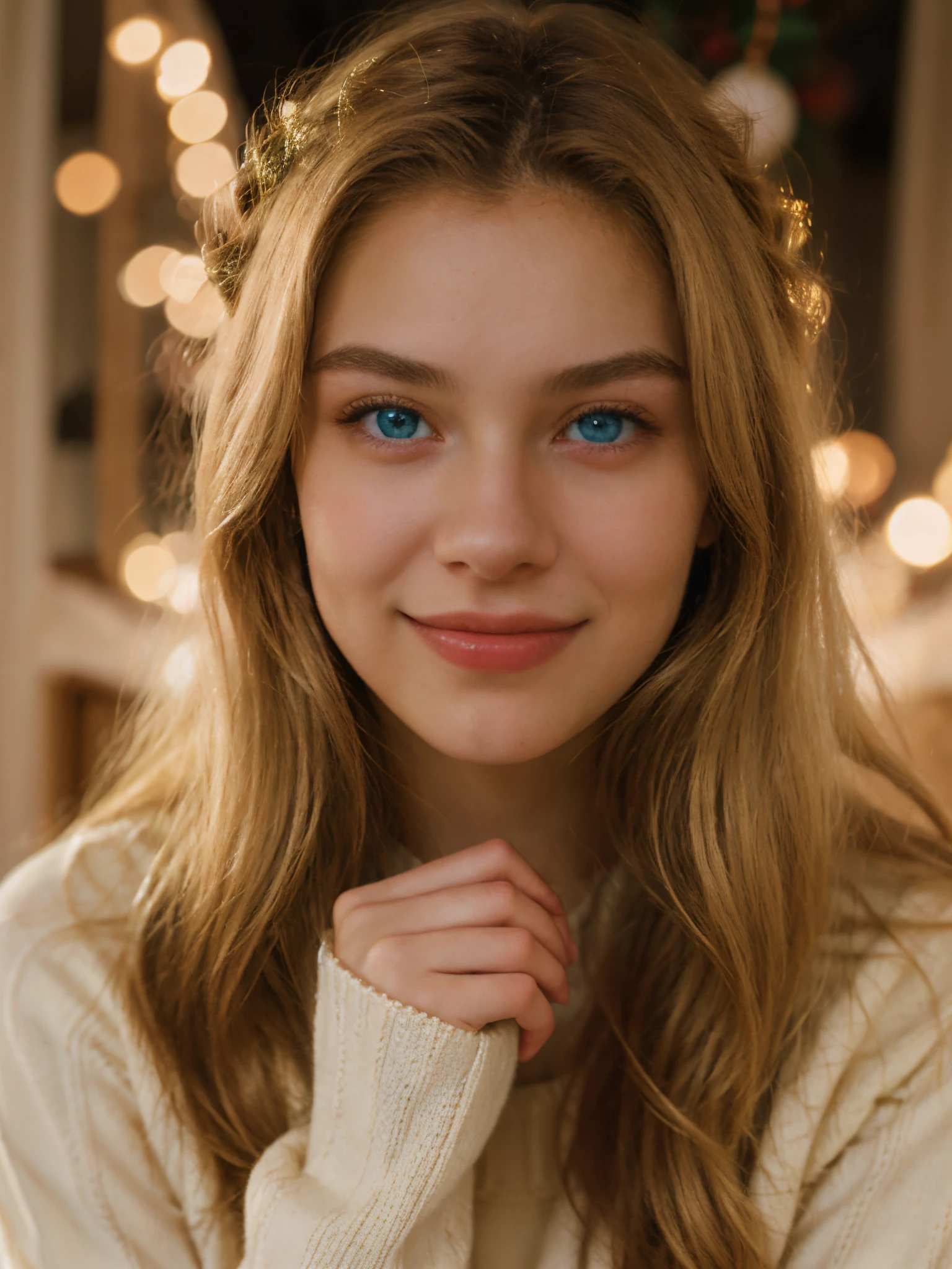 1girl, solo, smile, christmas tree, long hair, sweater, blue eyes, looking at viewer, realistic, blonde hair, blurry, sleeves past wrists, white sweater, christmas, indoors, christmas ornaments, upper body, lips, long sleeves,