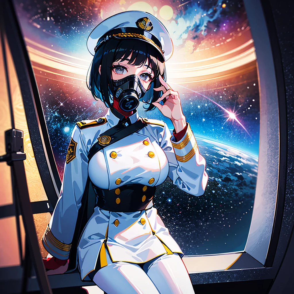 （（（​masterpiece）））、（（（Top image quality）））、（（（top-quality）））、（Illustration of one woman）、full bodyesbian、30-years old、（Viceroy）、Black hair bob cut、（（Face covering gas mask））、Gray eyes、（（Tall））、（（huge tit））、（（Military uniforms））、（（Military Cap））、（（Military coat））、（white  clothes）、（White pants）、（White cap）、trench coat、（（Inside the spaceship、Sitting in the captain's seat））、（Outside the window、kosmos、Earth seen from space、Spaceport）