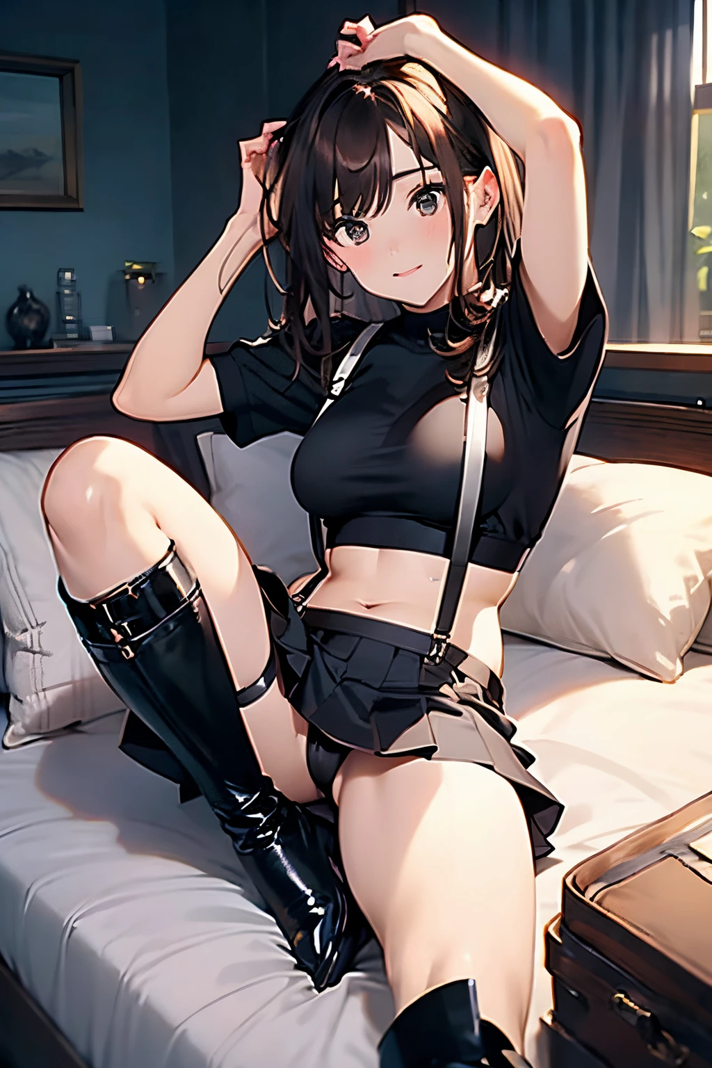 Brown hair、watching at viewers black suspenders Bulging big breasts walls: Black miniskirt garters Gaze Small face bangss holster Beautuful Women hands up Leg holster lying on the bed Gaze black boots panty shot provocation flank Armpit sweat