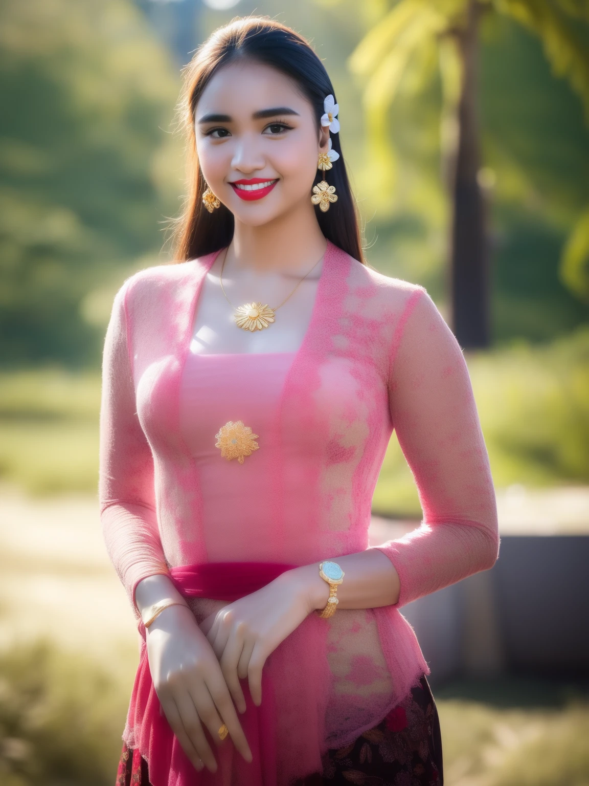 photography, woman,  portrait of woman wearing Indonesian_high_school, red lipstick, golden necklace, earrings, ornate, detail, flowers, blurry background, soft focus