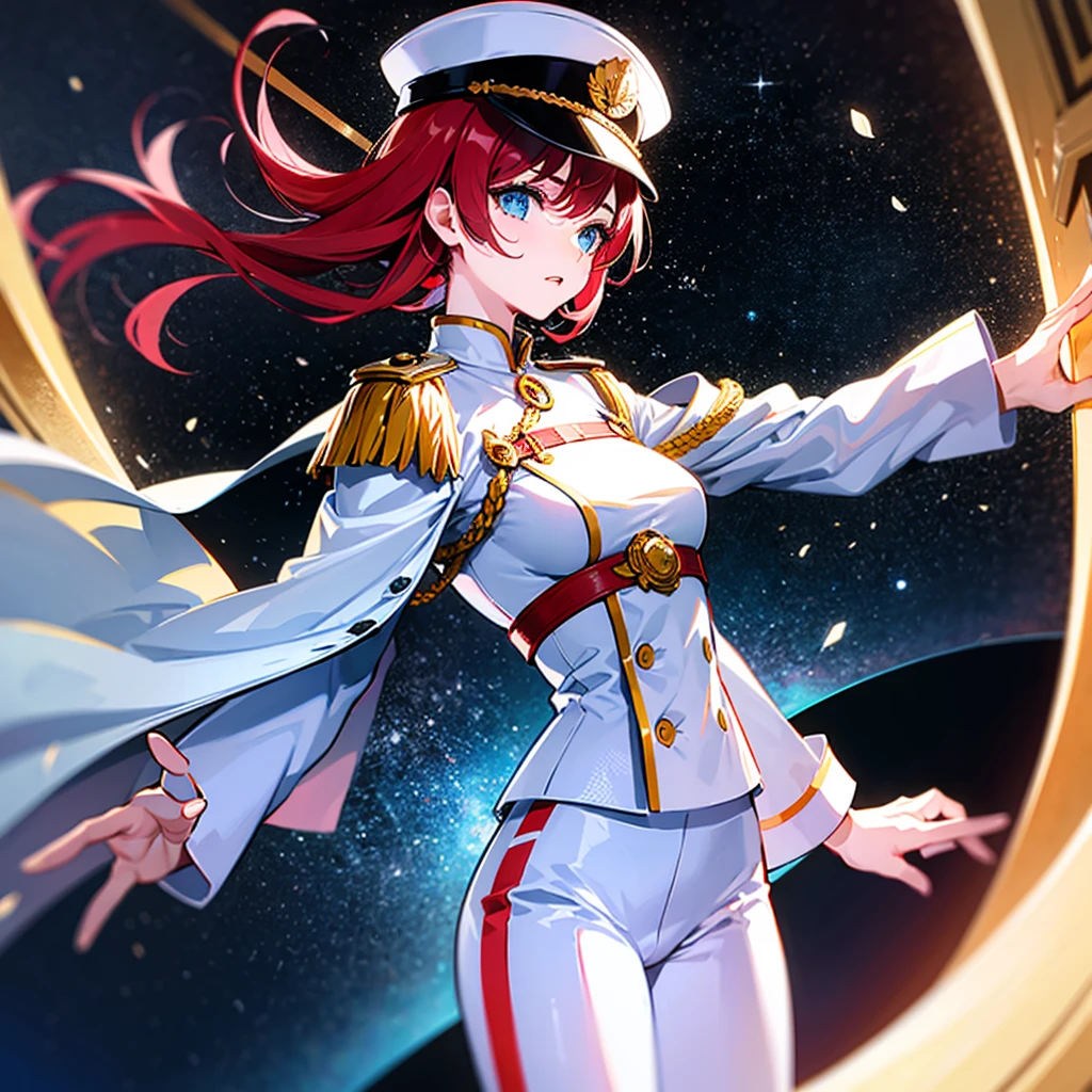 （（（​masterpiece）））、（（（Top image quality）））、（（（top-quality）））、（Illustration of one woman）、30-years old、（Viceroy）、（（Red-haired shorthair））、（Thin hair hanging down both sides of the face）、Blue eyes、（（Tall））、（（Muscle Woman、stocky build、muscular legs、broad shoulders、solid chest））、（（Military uniforms））、（（Military Cap））、（（Military coat））、（white  clothes）、（White pants）、（White cap）、trench coat、（（Inside the spaceship））、（Outside the window、kosmos、Earth seen from space、Spaceport）