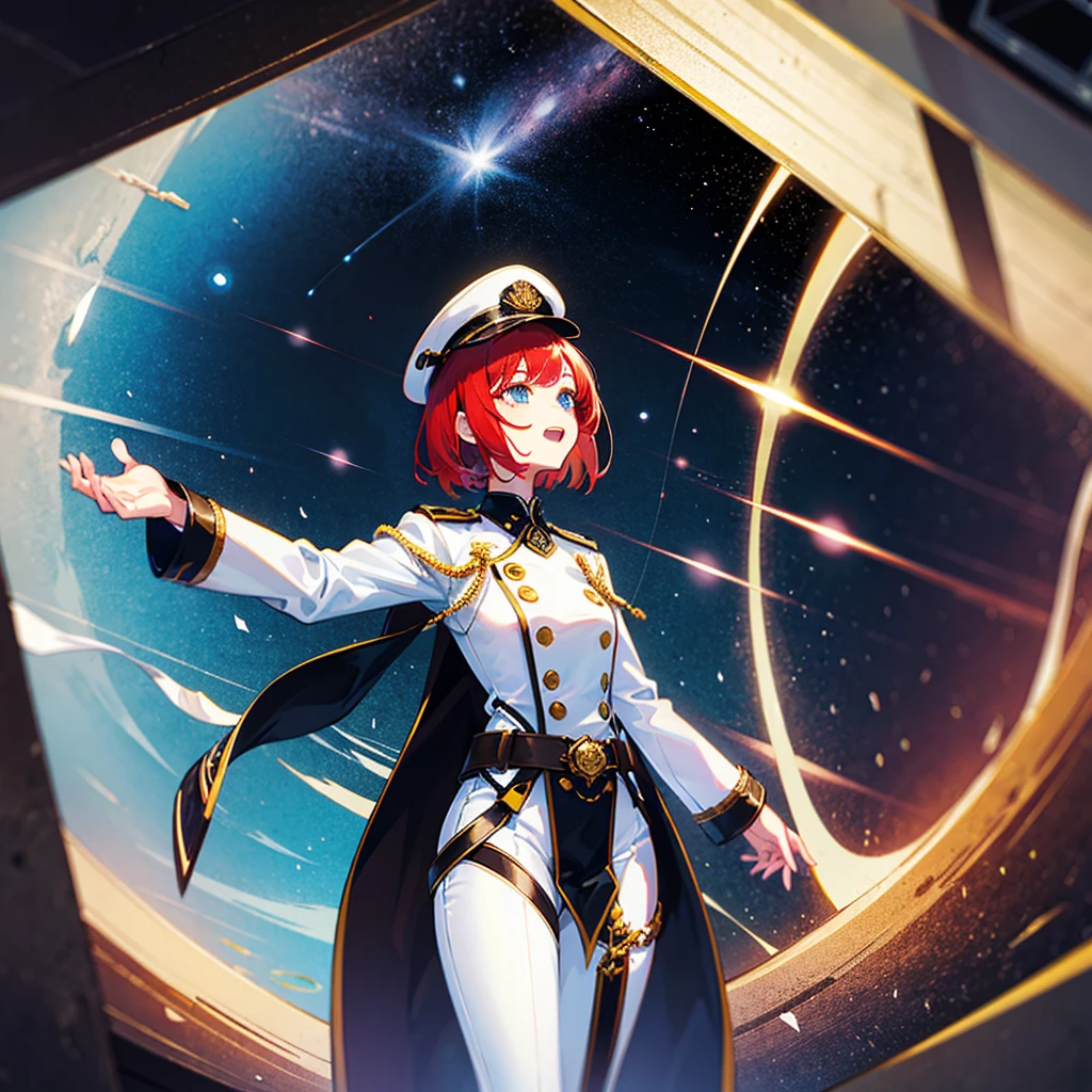 ((Masterpiece)), ((Highest Image Quality)), ((Best Quality)), (Illustration of One Girl), Full Body, 25 Years Old, Neutral, ((Freckles))), Orange Hair Ponytail, Yellow Eyes, (Tall Body)), Big, (Muscular Strong Body)), ((Muscular Strong Body)), (Military Uniform)), (Military Hat)), ((Army Coat)), (White Clothes), (White Pants), (White Hat), Trench Coat, ((Inside the Spacecraft)), (Outside the Window, Space, Earth as seen from space, Spaceport)