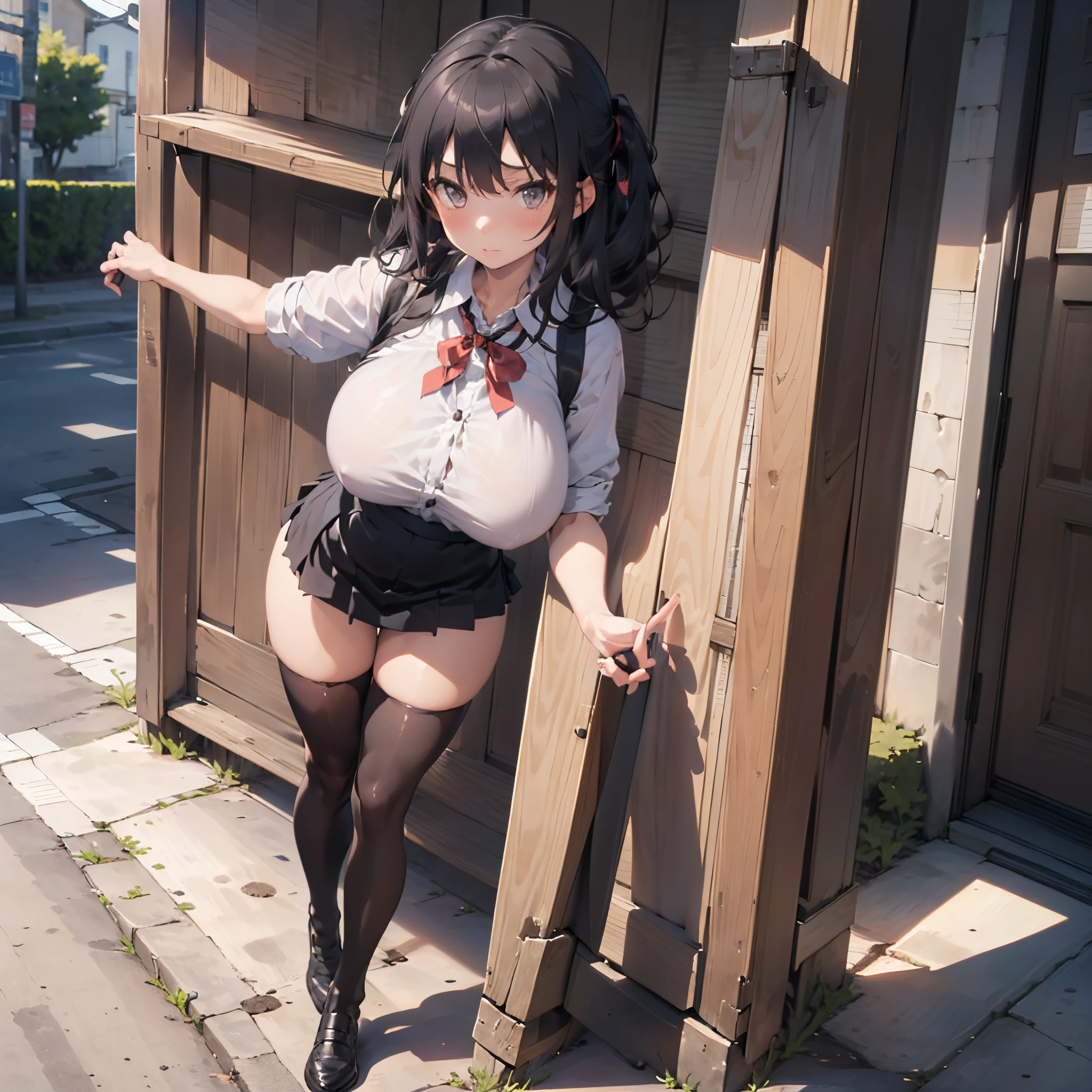 (1 girl standing:1.3), (solo:2.0), (huge perky breasts:1.7), thin waist, (thin long legs:1.5), (black thighhighs:1.3), (very short skirt:1.5), nose blush, school uniform