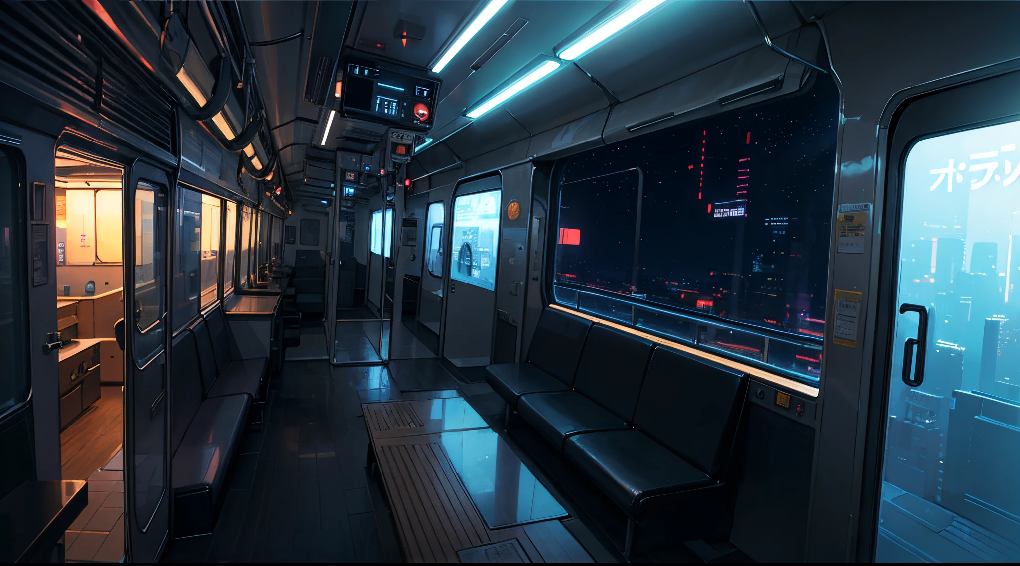 the night, ((Cyberpunk city outside the window, passing under the night sky,)), buildings outside the window, beautiody, NOhumans, body complet, Outsider , In the background is a station interior in a summer anime scene with a train...........,, anime illustrations by Makoto Shinkai, Trends in Pixiv, magical realism, Hermosa - anime scene, cosmic skies. makoto sinkai, ( ( makoto sinkai ) ), makoto sinkai, The Art of Anime, style of makoto shinkai. detail enhancement, perfect processing of parts. Anime train passing through a body of water on Railrilliant Cielo Estrellado:1.2)。Romantic trip of Makoto Shinkai,pixiv,Araffi'conceptual art style,Reflectorkoto shinkai, lofi art, hermosa in anime, Anime Drawings, style of makoto shinkai, style of makoto shinkai,detail enhancement。 foreground
