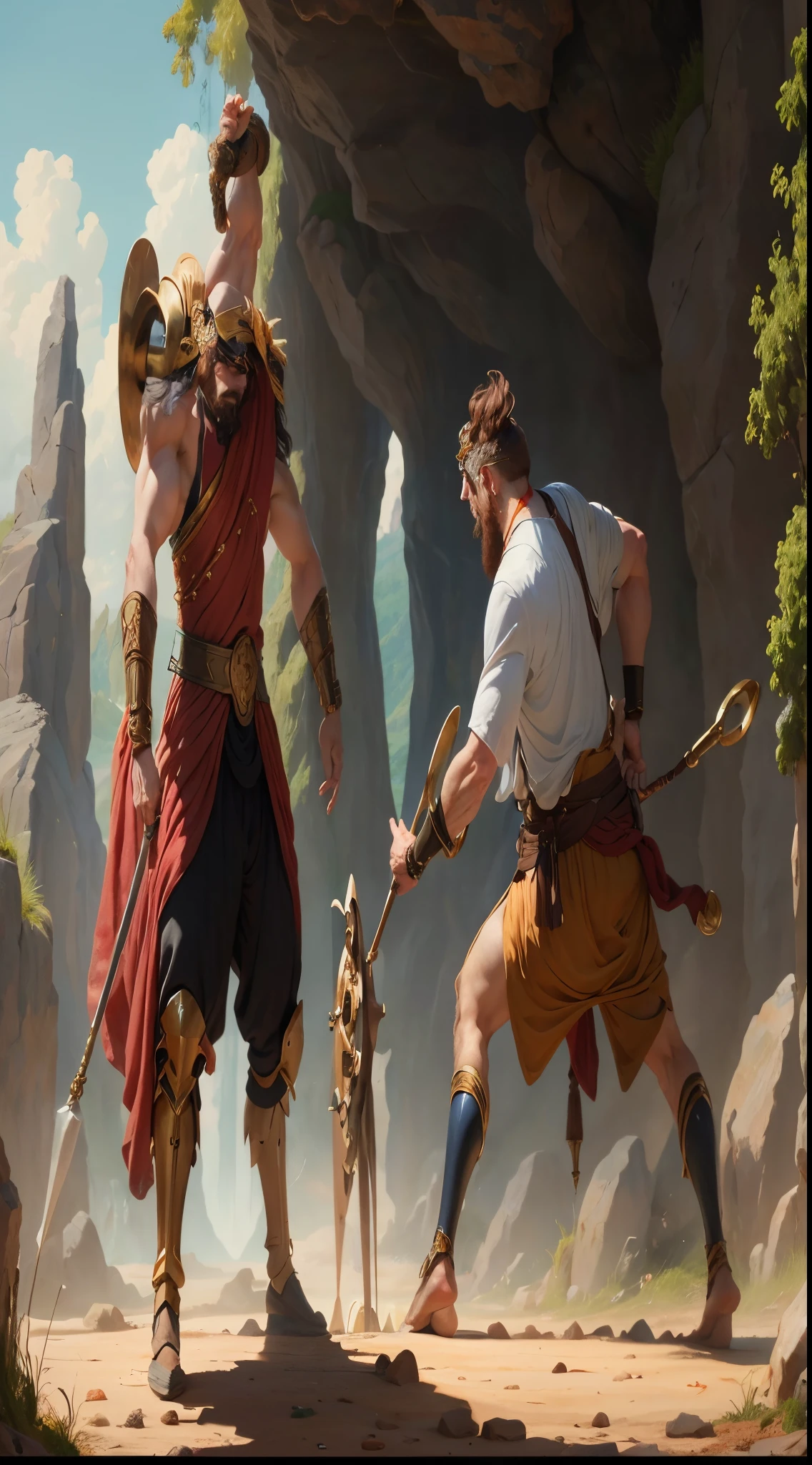 Odysseus facing the Cyclops and engaging in combat.