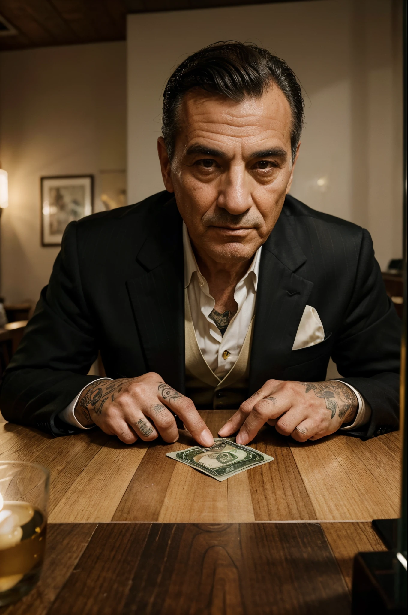 make it a old money italian gangster, A close up of a man at suit, with a face tatto, hyperrealistic at a table with money on it and a iphone X with bumble dating app