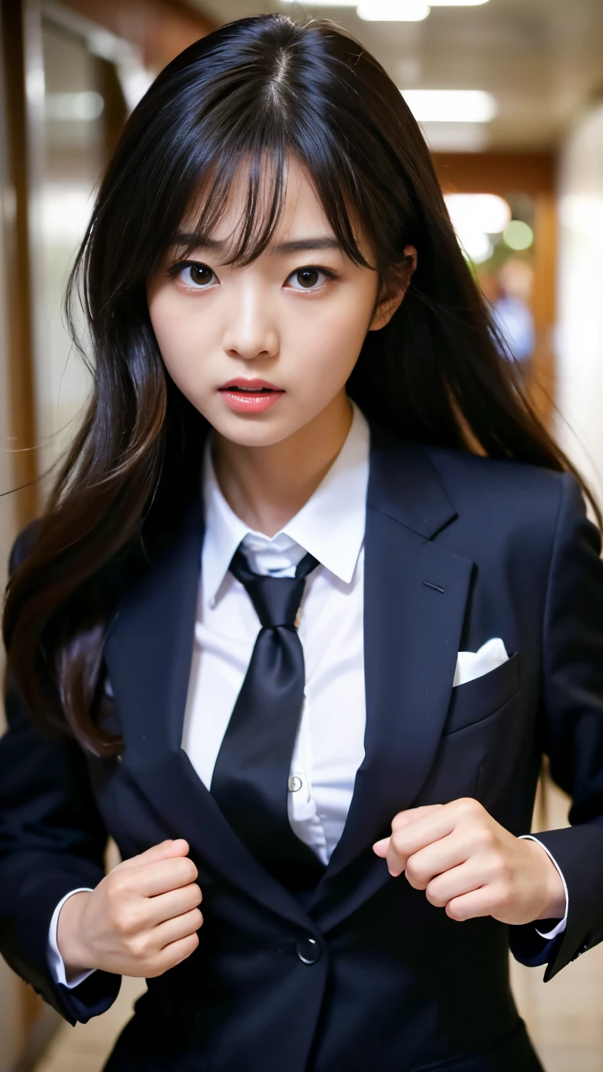 Best-quality, Masterpiece, Ultra-High-Resolution, (Photorealistic:1.4), Raw-Photo, Extremely-Details, Perfect-Anatomy,
1girl, the most famou Japanese actress, very furious, angry, (((Running through corridors of Japanese high school, dynamic-pose):1.2)), wearing women's business suit,
((extremely beautiful angry face like a most popular Japanese actress, extremely beautiful big black solid circle eyes):1.1), extremely beautiful hair, detailed women's business suit, detailed corridors of Japanese high school