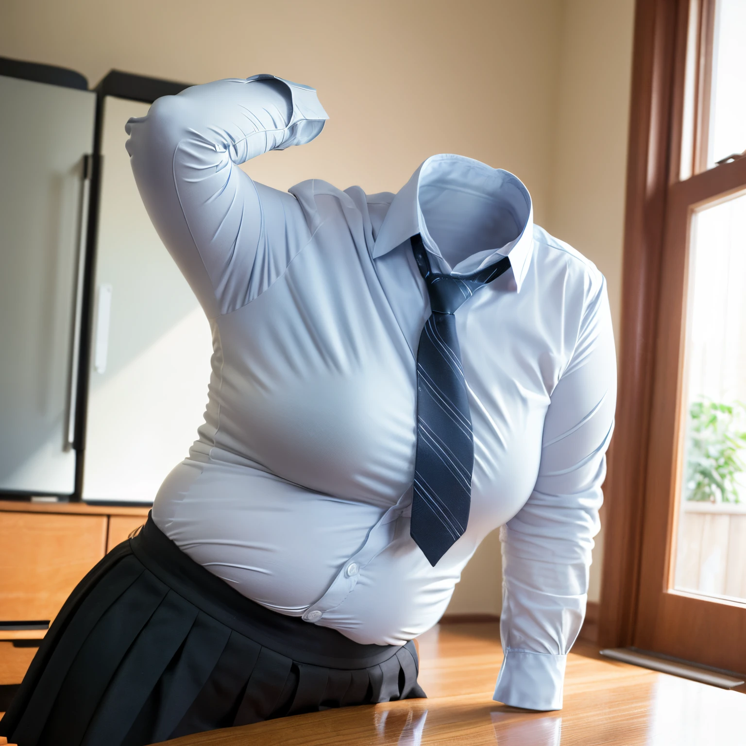 ((chubby, fat)), white shirt, blue stripe tie, school tie, school uniform, __expression__, studying on desk, classroom, cute pose, (invisible, no humans, headless, faceless:1.5), very big breasts, (close-up shot of breasts), (8k, RAW photo, best quality, masterpiece:1.2), (realistic, photo-realistic:1.37), photon mapping, radiosity, ((Hasselblad photography)), physically-based rendering