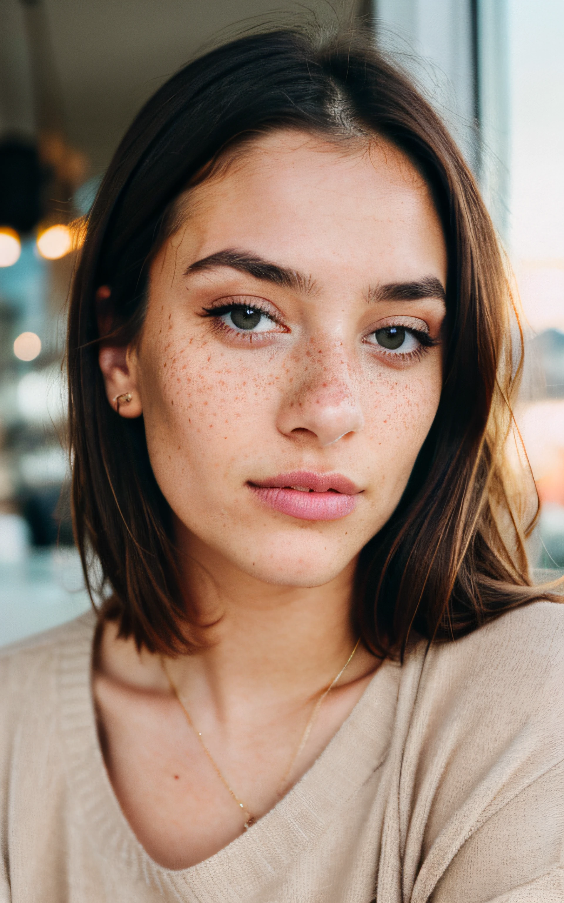 Beautiful brunette wearing a beige sweater ( in a modern café at sunset), brown hair with frosted tips, Hannah Stein, five finger hands, Very detailed, Hannah Stein, photoreallistic, Realista, Post-processing, maximum details, rugosidade, vida real, Ultra realista, fotorrealismo, fotografia, 8k UHD, fotografia, photorealistic, sharp focus, raw photo, slight freckles, hazel eyes, photo, beautiful 24y.o ukranian girl, fashion photoshot, posing, upclose portrait, bored face expression, muscular, hourglass body, fashionable, detailed, deep photo, raw photo, film grain, professional photo, vintage instagram LUT