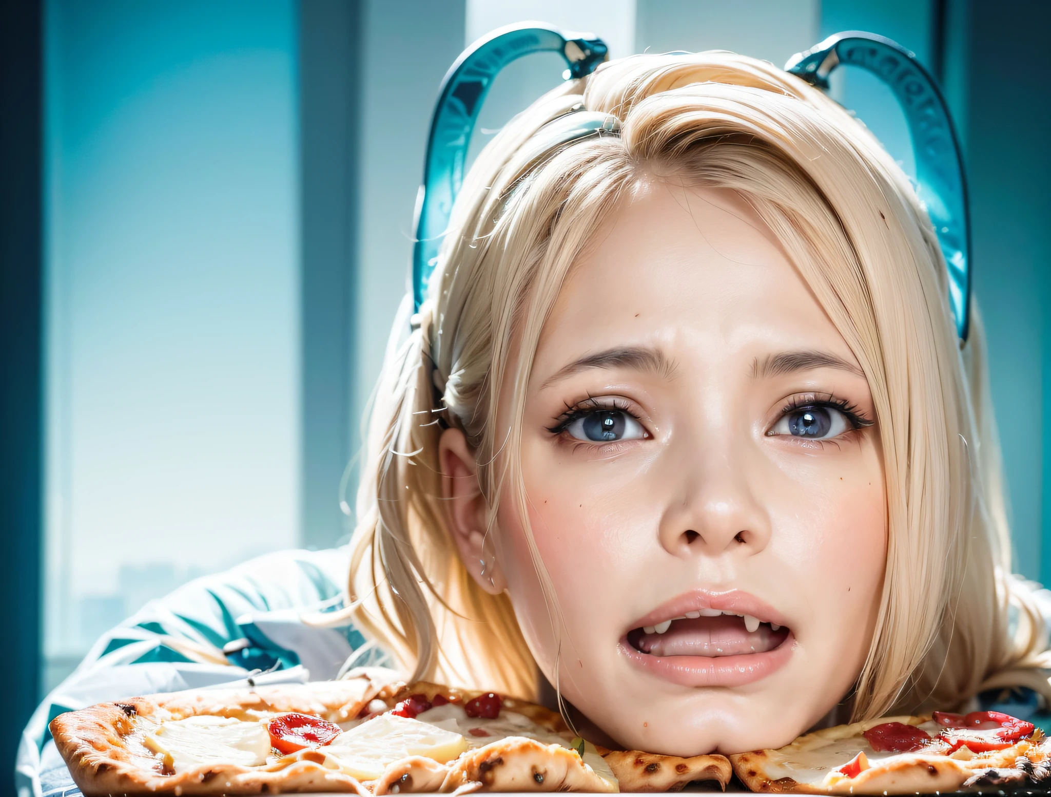 Blonde sticks out of pizza, pizza, the girl is scared, cheese pulls her hair, yellow cheese, Pepperoni, cheese, Mozzarella, shiny pizza, Masterpiece, foto realista, hiquality, high quality textures, juicy photo, spotlight