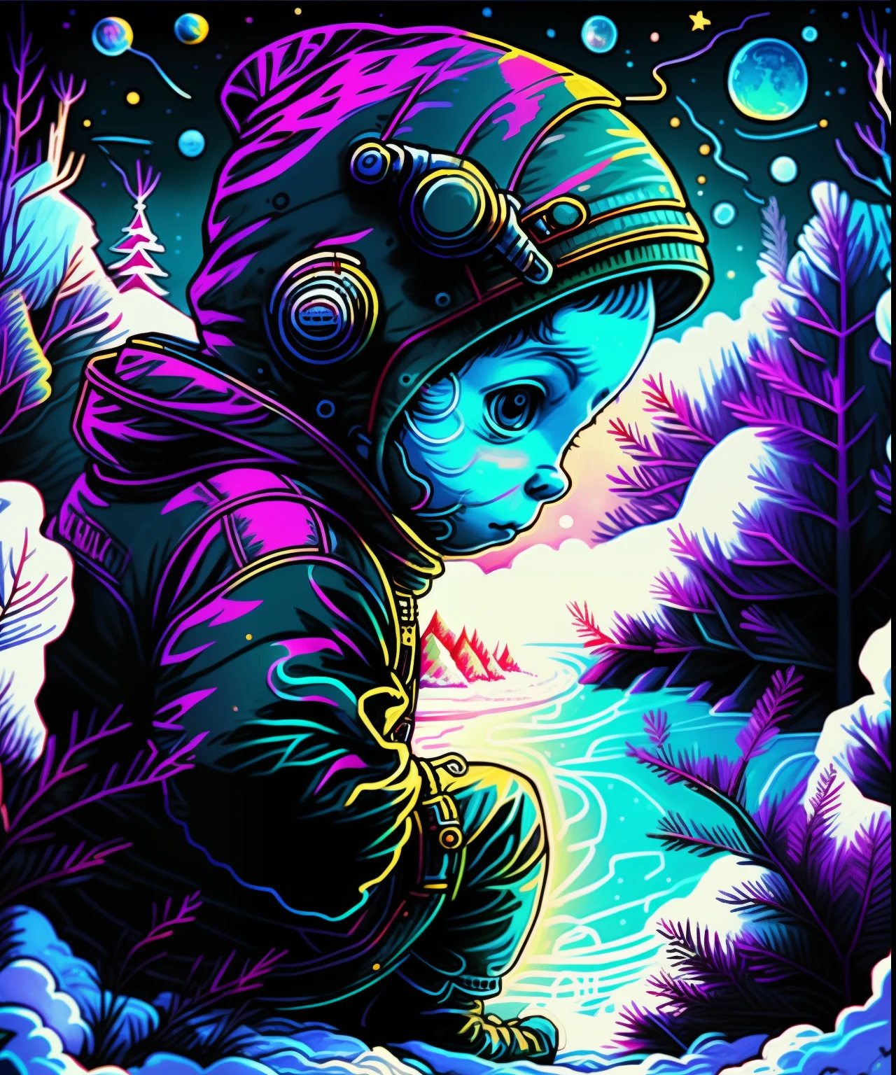 a baby boy looks at a winter in space, art, beautiful illustration