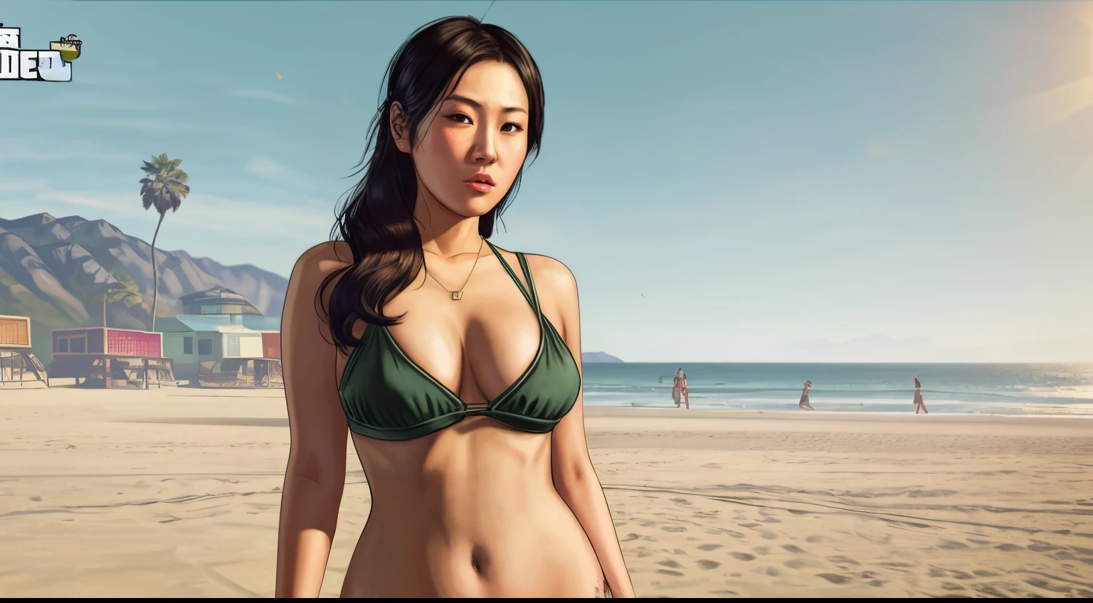 GTAV Loading Screen 2D art, sexy korean woman as GTA5 Character, cinematic composition, standing in front of a beach, shaders, bright cinematic lighting, soft contrast, GTA5 loading screen, gta art, wallpaper 4 k, wallpaper 4k, hq 4k wallpaper, gta loading screen art, fan art, rockstar games art, sexy