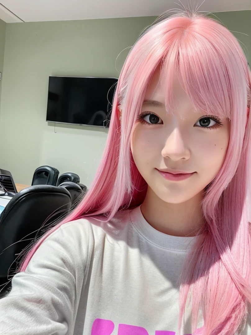 gamer girl, vibrant pink hair, long hair, extra makeup, selfie