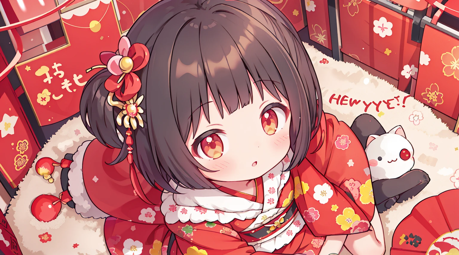 ​masterpiece, top-quality, 1girl in, The upper part of the body, sitting on, bob cuts, , A dark-haired,、Red Japanese kimono, colourfull、ruffles from above、new year atmosphere、New Year、kirakira