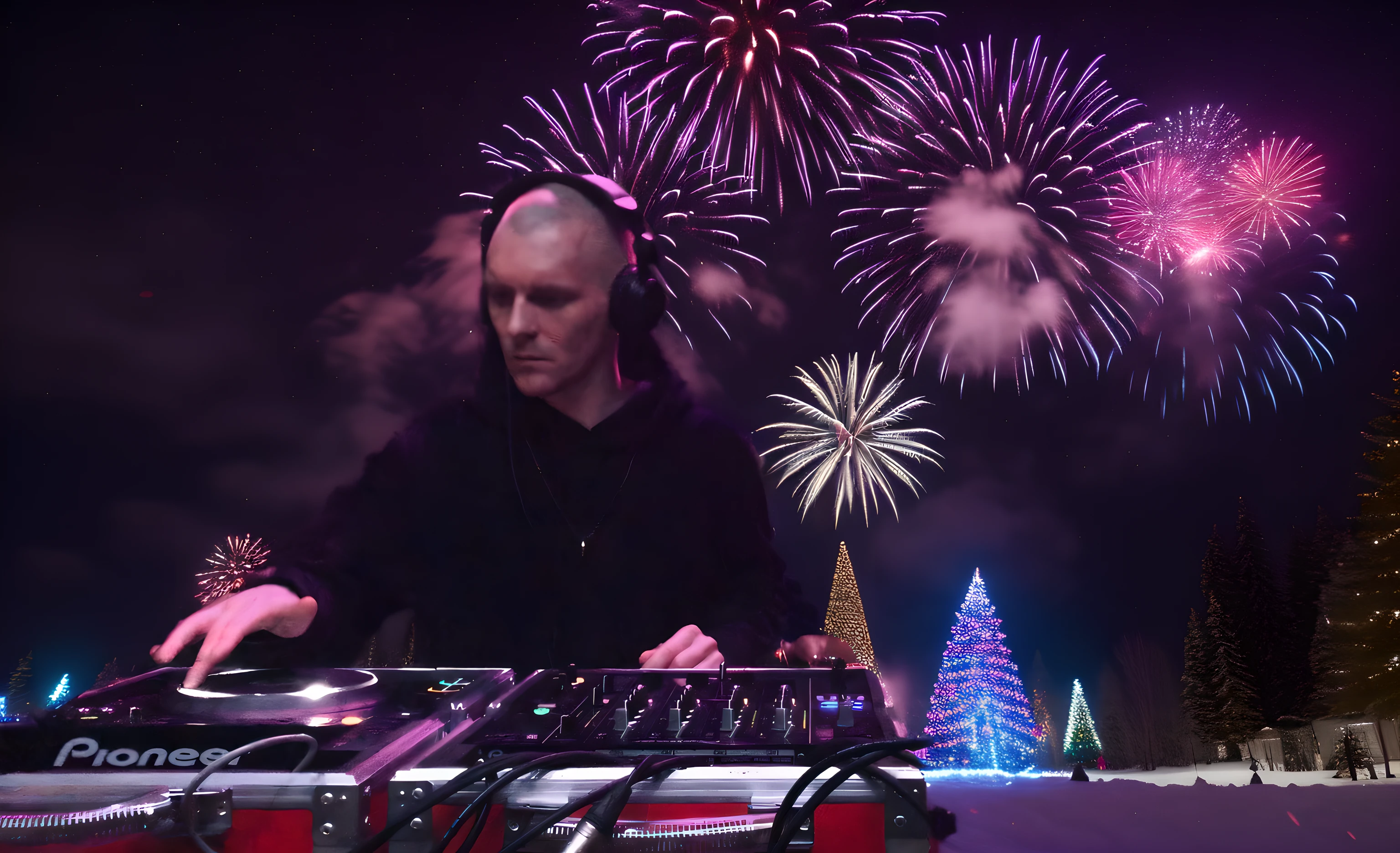 New Year's atmosphere, New Year&#39;dj, new year elements, Ornaments, snowing, celebration, Cinematic Lightning, Masterpiece, Funny, 8 k, intricate details, UHD