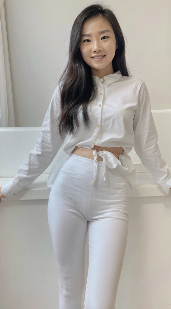 there is a woman that is smiling and looking at the camera, mai anh tran-gemma chen-katherine lam-christy ren merged, wearing a long sleeve white and black striped shirt and leggings, petite, diminutive, entire body visible, full body, hyperrealistic, best quality, 8K, real human skin, masterpiece, extremely intricate, detailed eyes, detailed face, detailed body, exaggerated features, pronounced features, fujifilm