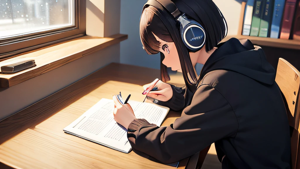Cute Girl, Petite, a short bob, dark brown paper, serious brown eyes, small nose, Closed mouth, dressed casually, Studying, desk work, notebook, write with a pencil, headphones, Own room, bookshelf, Table Light, window , It's snowing outside in Christmas mode., profile, Wide Angle, thirds rule, Rembrandt lighting, Soft light, Studio Ghibli,Sitting, Studying,Distant view, Wide Angle