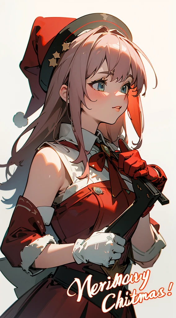 (masterpiece:1.2, best quality),(1lady,alone,upper body:1.2),tall girl, red hair tied in a ponytail,((front view)) bored appearance, wearing a hat reindeer and bow tie, pine tree Snow behind, Merry Christmas Style, Ultra-high details, 1woman, solo, long hair, brown hair, gloves, bare shoulders, green eyes, elbow gloves, lips, christmas, santa hat, red gloves, santa costume, realistic, in cozy christmas workshop, skimpy, colorful, high contrast, intricate background, highly detailed skin, 8k, uhd,(sfw)(((white background))), cartoon style, vector illustration, high quality, 12k, solid colors, ornate, 6 warm colors, cartoon design sticker, professional t-shirt design, ready-to-print t-shirt vector art, (masterpiece, best quality, max: 1.4)"