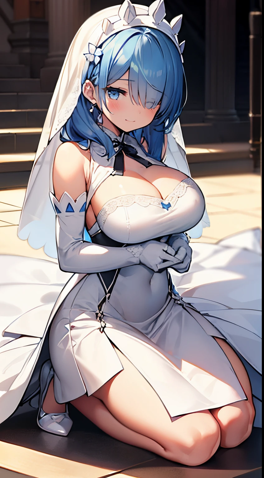 extra detailed face, Perfect Lighting, extremely details CG, 4K、8K、be shy、mournful smile、(Perfect hands, Perfect Anatomy)、Ultra-realistic photo of a girl in a beautiful white wedding dress, Big beautiful dress,all white wedding dress、Silk Veil、High quality white dress with the best ruffles, masutepiece, art stations, Fantasy Art:1.2),chies,chapel、Beautiful stained glass Beautiful white bouquet、Beautiful cute girl, Rem of Rezero、Height 150cm、(Blue shorthair:1.3), (Bangs hide one eye:1.4)、(intricate short white skirt, Bare legs:1.2, Full body shot)、very Bigger breasts、cleavage of the breast、Nipples show through、、No pubic hair(Clearly visible detailed female pubic shape: 1.4)、skirt rift、Thin leg、Skinny Legs、very very short skirt、Skirt、put on white opera gloves、his genitals are forcibly penetrated、Straddling a lying man、Insert male genitalia、sexy pose,