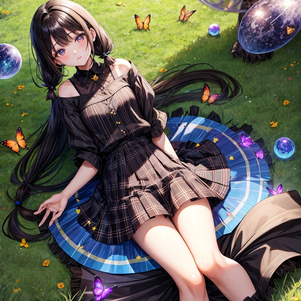 Black brown hair、poneyTail、verd s eyes、one good looking girl、独奏、animesque、lightly dressed、Plaid miniskirt、a black T-shirt、grass field、fullmoon、Meteor swarm、Glittering starry sky、rainbow butterfly flying、Colorful marbles