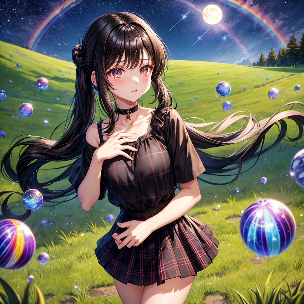 Black brown hair、poneyTail、verd s eyes、one good looking girl、独奏、animesque、lightly dressed、Plaid miniskirt、a black T-shirt、grass field、fullmoon、Meteor swarm、Glittering starry sky、rainbow butterfly flying、Colorful marbles