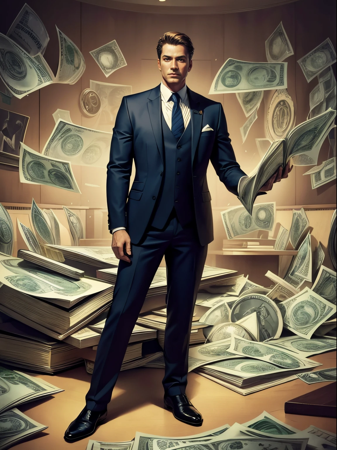 Detailed drawing of a man in a suit, Surrounded by piles of dollar bills, The center iinancial formula》A book.
