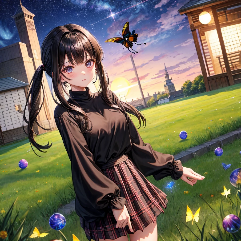Black brown hair、poneyTail、verd s eyes、one good looking girl、独奏、animesque、lightly dressed、Plaid miniskirt、a black T-shirt、grass field、fullmoon、Meteor swarm、Glittering starry sky、rainbow butterfly flying、Colorful marbles