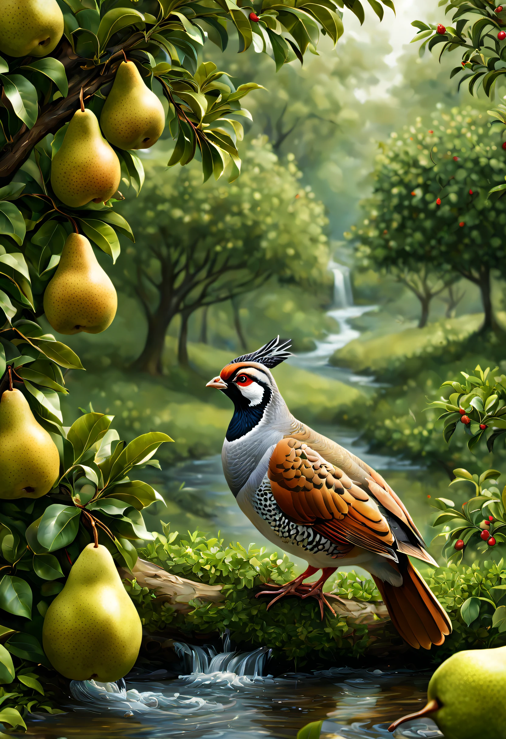 A realistic and magnificent partridge in a pear tree, tasting a juicy and appetizing pear? It's really beautiful with a stream a little further away and also a green forest. A fox watches the scene with envy