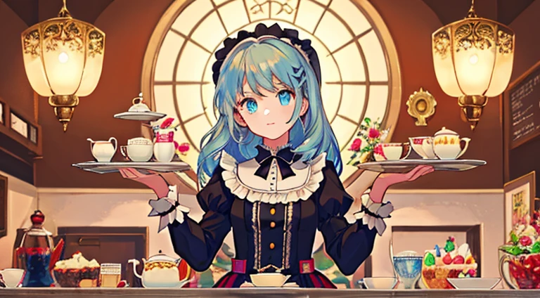 1girl, 極端なディテール, ta, loliashion, frills, intricate and gorgeous, gloves, Afternoon tea, Ponet hat, curly hair, Buttons, cream, Colorful, pink hair, Blue hair, gradient dye, candy, Shiny crystal, glittering, light particles, dynamicpose, dramatic composition, candy hair accessories