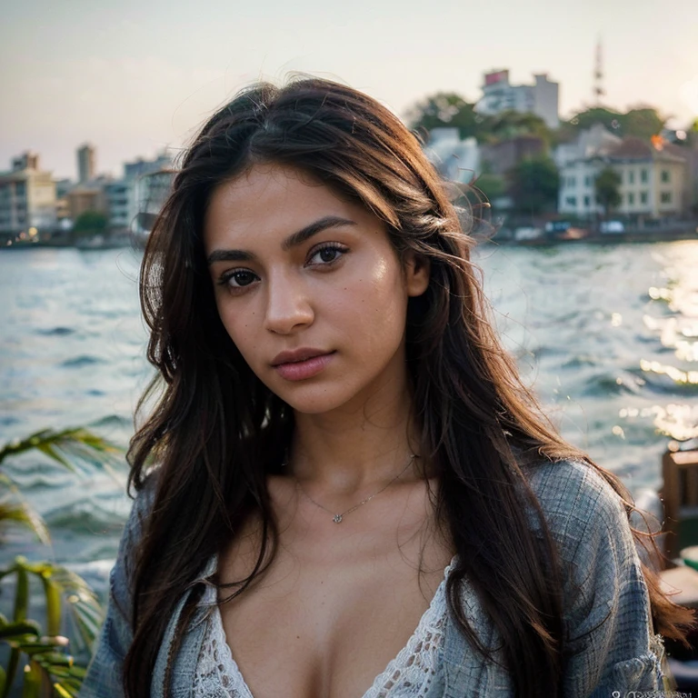 (Best quality, Ultra-detailed, Masterpiece:1.5), Photorealistic photograph of a beautiful pakistani woman on a beach holiday. The woman should have a flawless, highly detailed face (Highly Detailed Skin) with soft, luminous skin. Her long hair should be naturally brown and stylishly arranged. (Perfect Eyes:1.2). The background should be the focus of the image. The photography should feature high-quality film grain (ISO 400, 30mm lens RAW f1.8 aperture, highly detailed) to create the impression of analog photography (Analog Photography:1) with HDR colors. She is wearing stylish clothing. She is turning away from the camera.