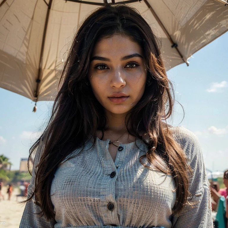 A 23-year-old Indian woman with fair skin possesses a lovely face and attractive eyes. The sunlight plays with waves of her golden hair, framing captivating ocean-blue eyes. In a bustling Dubai Sea beach, she, an actress and model, radiates beauty with a captivating smile. Adorned in a stunning long dress and wearing a hijab, she effortlessly displays the detailed allure of her face, enhanced by makeup. The elegance of her attire, captured in UHD resolution, is complemented by a charming ponytail hairstyle and the artistic touch of bokeh, creating a vibrant scene in this 4K retro masterpiece. (Hijab), bokeh