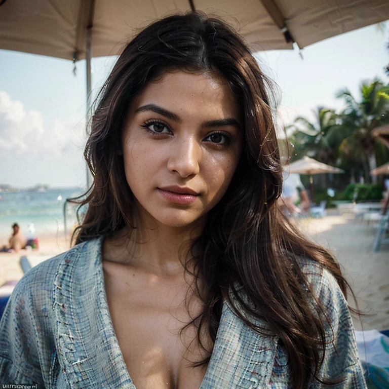 (Best quality, Ultra-detailed, Masterpiece:1.5), Photorealistic photograph of a beautiful pakistani woman on a beach holiday. The woman should have a flawless, highly detailed face (Highly Detailed Skin) with soft, luminous skin. Her long hair should be naturally brown and stylishly arranged. (Perfect Eyes:1.2). The background should be the focus of the image. The photography should feature high-quality film grain (ISO 400, 30mm lens RAW f1.8 aperture, highly detailed) to create the impression of analog photography (Analog Photography:1) with HDR colors. She is wearing stylish clothing. She is turning away from the camera.
