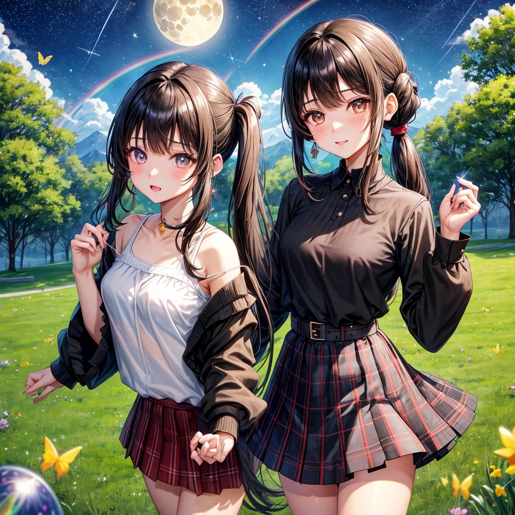 Black brown hair、poneyTail、verd s eyes、one good looking girl、独奏、animesque、lightly dressed、Plaid miniskirt、a black T-shirt、grass field、fullmoon、Meteor swarm、Glittering starry sky、rainbow butterfly flying、Colorful marbles