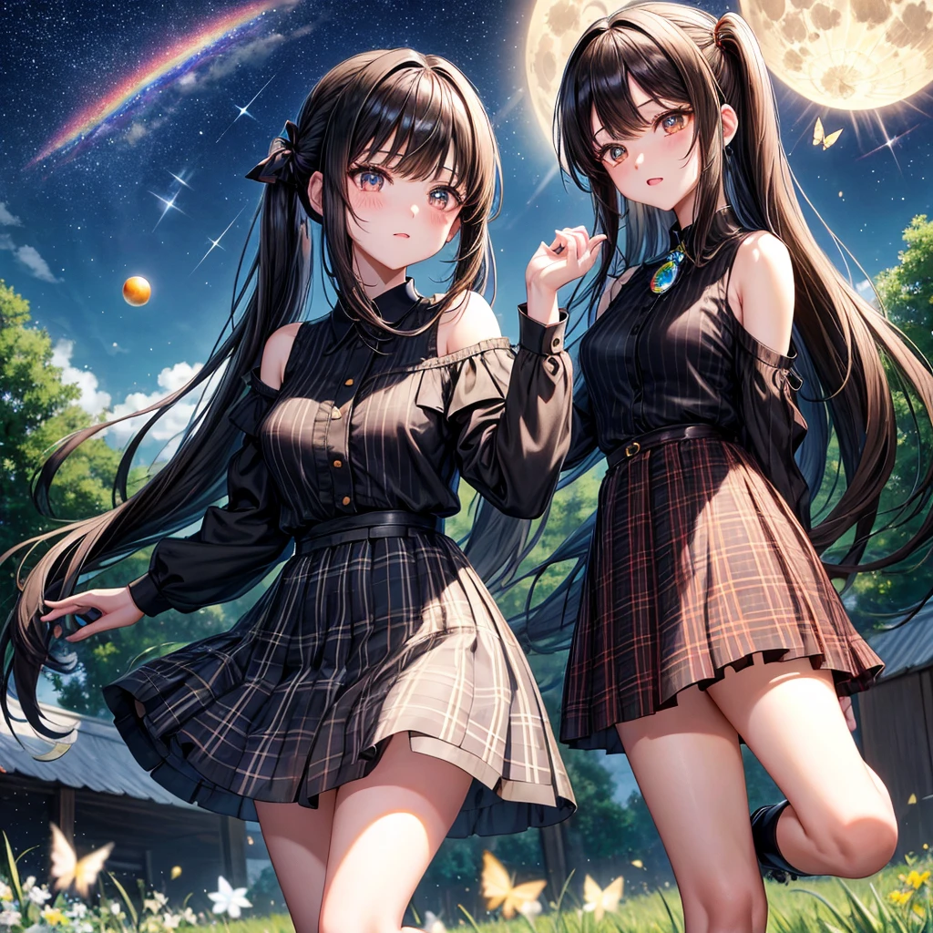 Black brown hair、poneyTail、verd s eyes、one good looking girl、独奏、animesque、lightly dressed、Plaid miniskirt、a black T-shirt、grass field、fullmoon、Meteor swarm、Glittering starry sky、rainbow butterfly flying、Colorful marbles