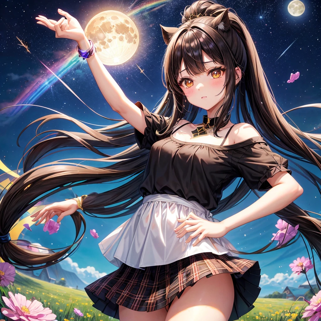 Black brown hair、poneyTail、verd s eyes、one good looking girl、独奏、animesque、lightly dressed、Plaid miniskirt、a black T-shirt、grass field、fullmoon、Meteor swarm、Glittering starry sky、rainbow butterfly flying、Colorful marbles