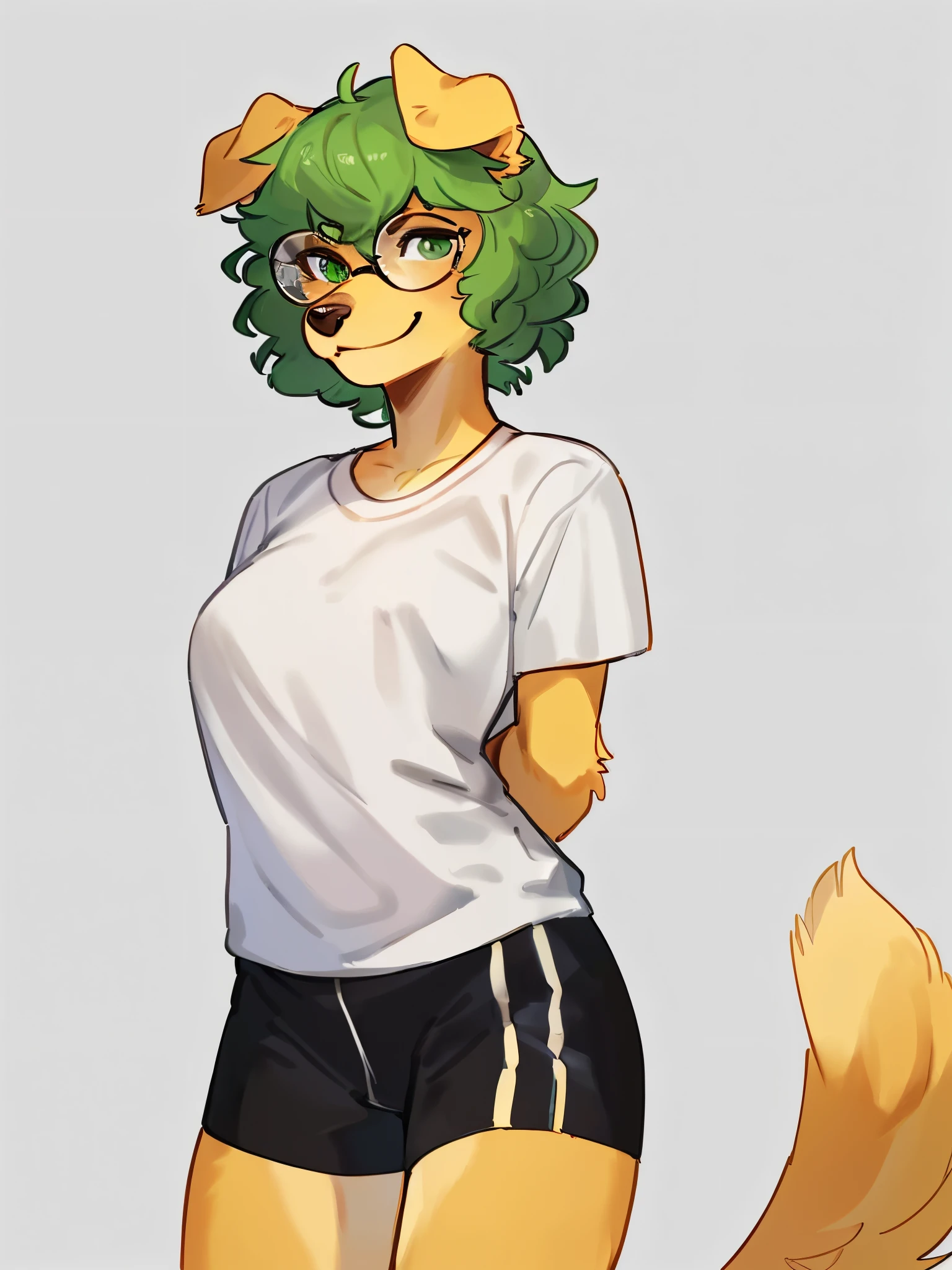 By bebebebebe, by lostgoose, by goonie-san, solo, female, standing, ((yellow fur, green hair, snout)), golden retriever, canine, messy hair, wavy hair, short hair, smiling, tee shirt, gym shorts, ((glasses, green eyes)), hands behind back