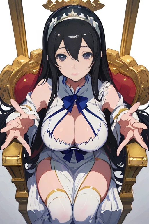 background elegant throne room, frame anime art Hestia from Danmachi, she sits on the throne of the goddess, (((looking up at the camera)), The face is described in detail, perfect body with high detail, Detail art, soft colors, natural light, frontal view, UHD, Highly detailed, centered, watercolour