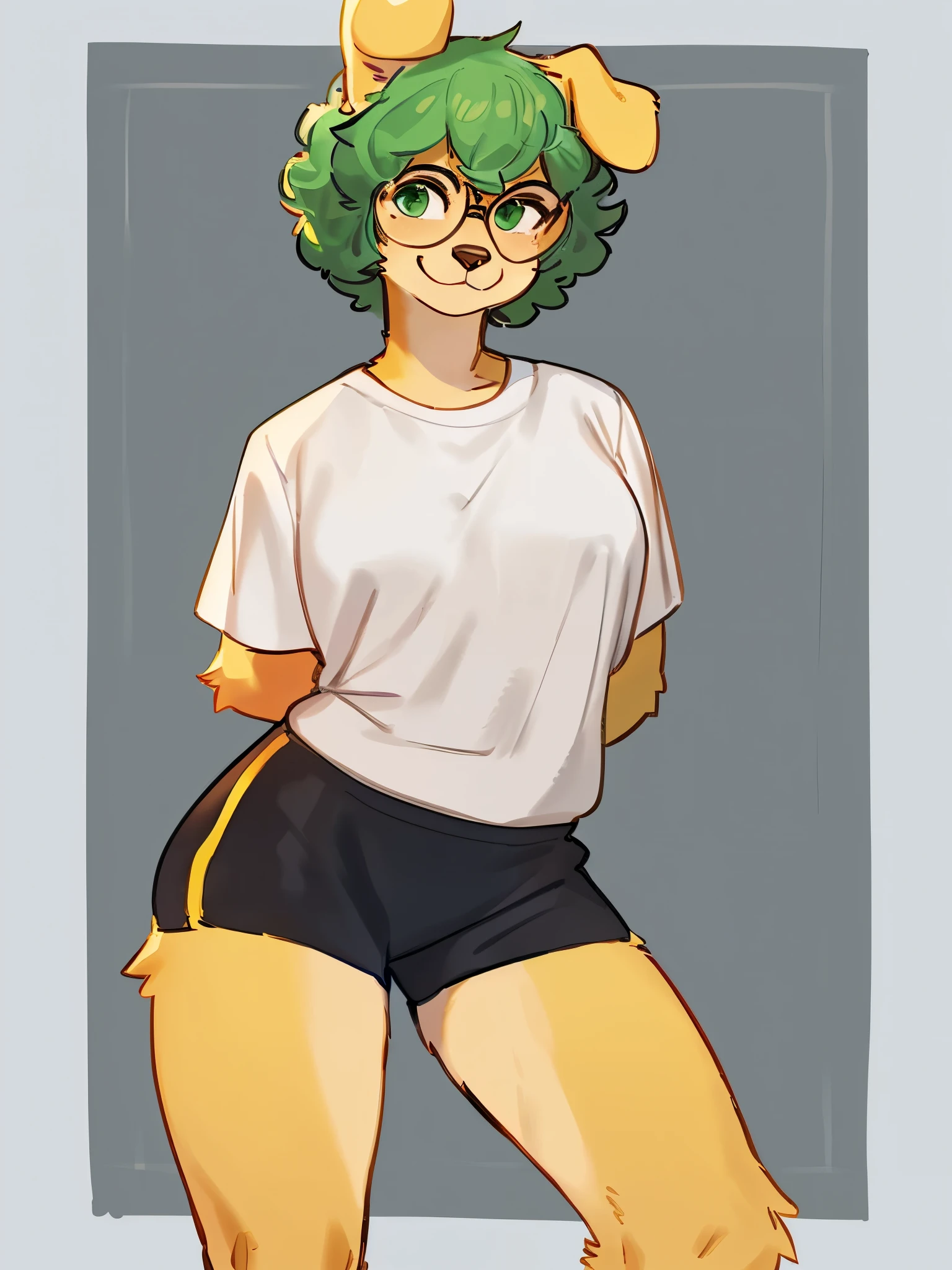 By bebebebebe, by lostgoose, by goonie-san, solo, female, standing, ((yellow fur, green hair, snout)), golden retriever, canine, messy hair, wavy hair, short hair, smiling, tee shirt, gym shorts, ((glasses, green eyes)), hands behind back