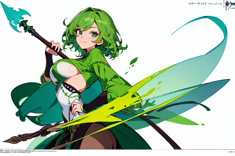 (Masterpiece)),(((Best Quality))),((Character design sheet,same character,front,side,backboob)),illustartion,1 girl,Medium Hair,Eye hair,Beautiful eyes,environment Scene change, pose too, Sexy woman with big breasts and medium green hair, holding a spear, visible breast, charturnbetalora, ( Background, whitebackground: 1.3)