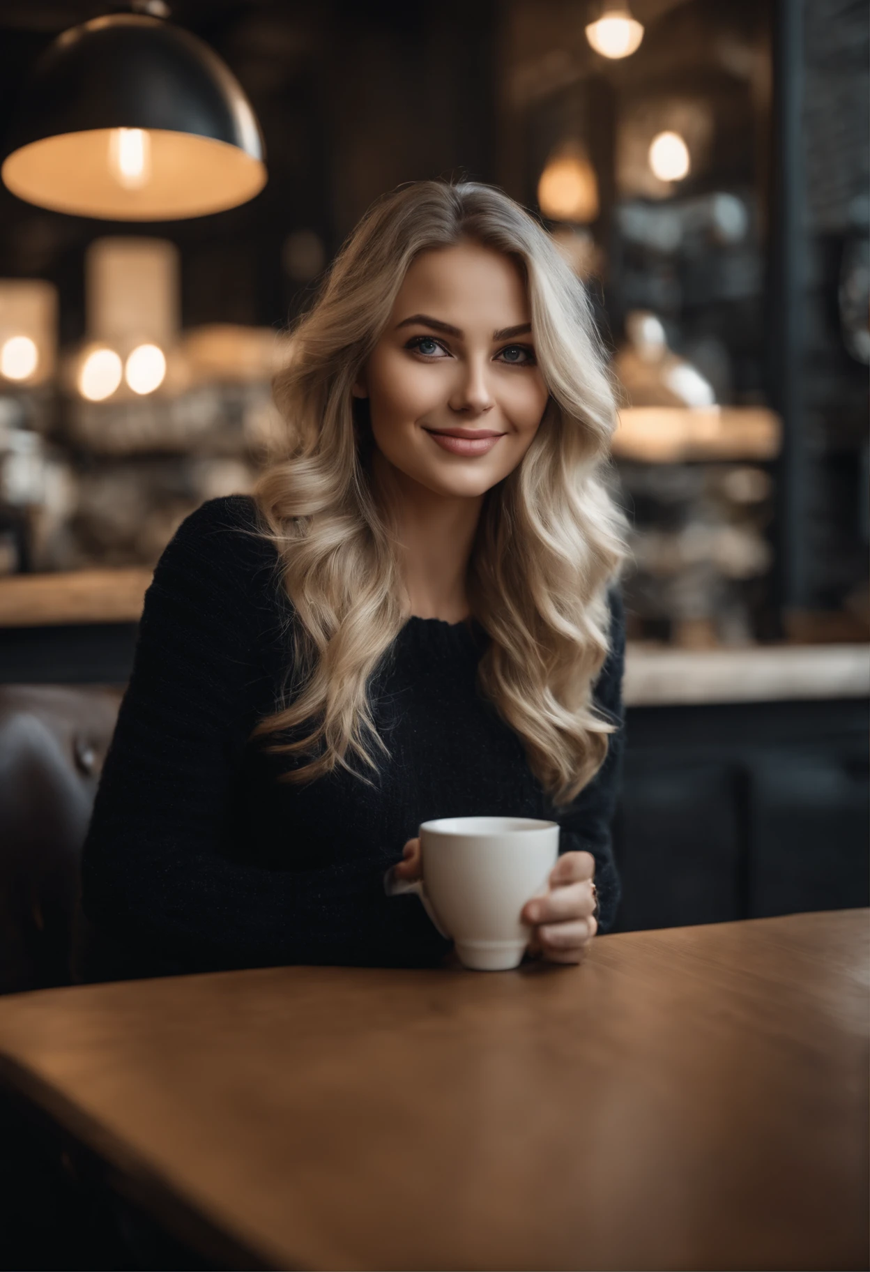 beautiful platinum blonde girl wearing black sweater (sipping coffee inside a modern café), very detailed, 30 years old, innocent face, natural wavy hair, blue eyes, high resolution, masterpiece, best quality, intricate details, highly detailed, sharp focus, detailed skin, realistic skin texture, texture, detailed eyes, professional, 4k, charming smile, shot on Canon, 85mm, shallow depth of field, kodak vision color, perfect fit body, extremely detailed, foto_\(ultra\), photorealistic, realistic, post-processing, maximum detail, roughness, real life, ultra realistic, photorealism, photography, 8k uhd, photography, uses my dataset as the face
