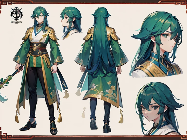 ((Masterpiece, Highest Quality)), Detailed Face, Character design sheet， full bodyesbian, Full of Details, frontal view, Rear view of the torso, Highly detailed, depth, many details, Muscular boy with green long hair，handsome male, traditional Chinese clothing, Genshin Impact, Taller Man