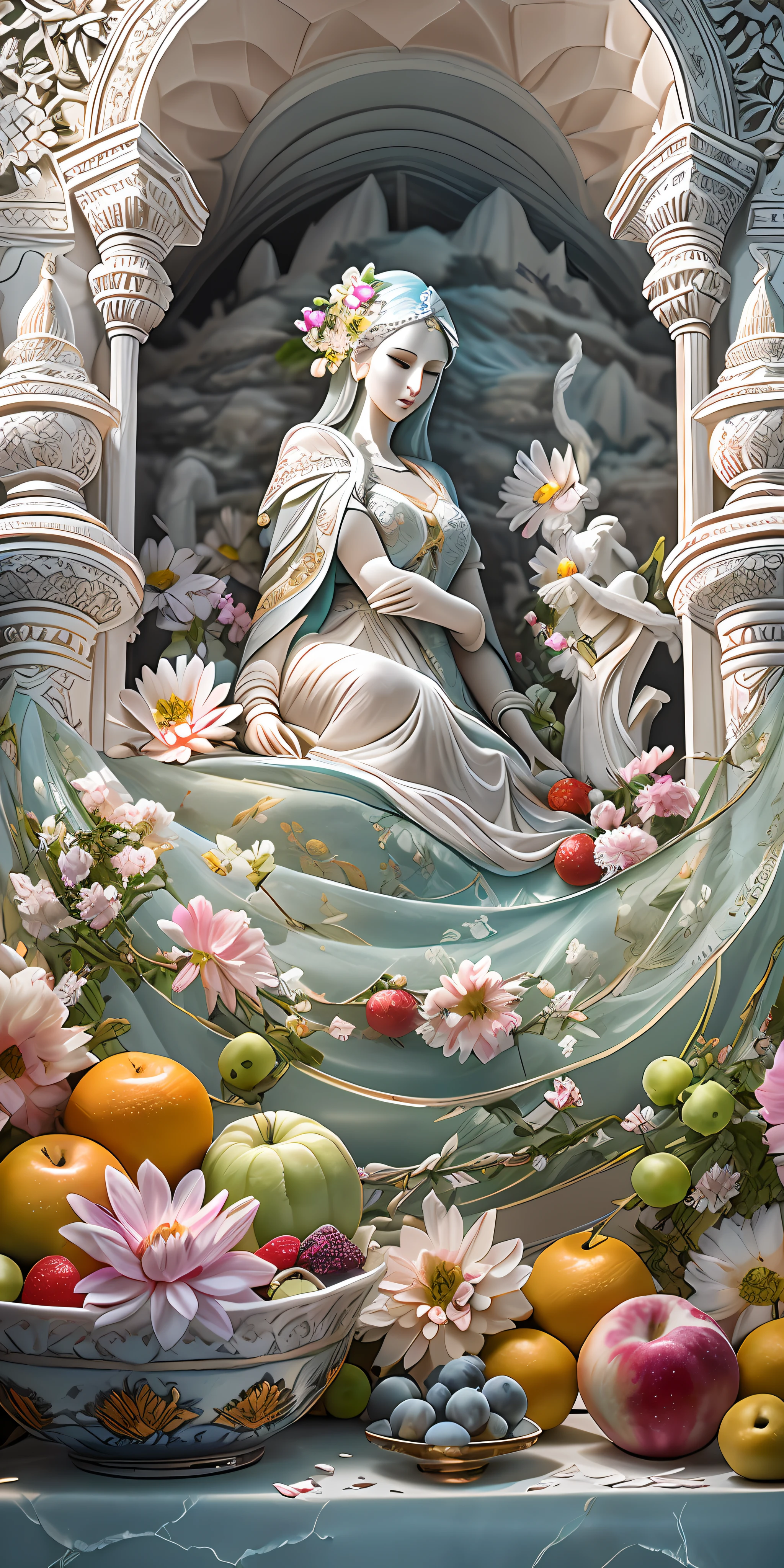 best quality, realistic, photorealistic, ultra detailed, "Mountain of Flower and Fruit+Fairy+Indian Architecture" highly detailed carving on "southern ice" porcelain,Ultra wide angle,Accent Lighting,Volumetric Lighting,backlighting, (detailed light),((an extremely delicate and beautiful)),dramatic_shadow,ray_tracing,hdr