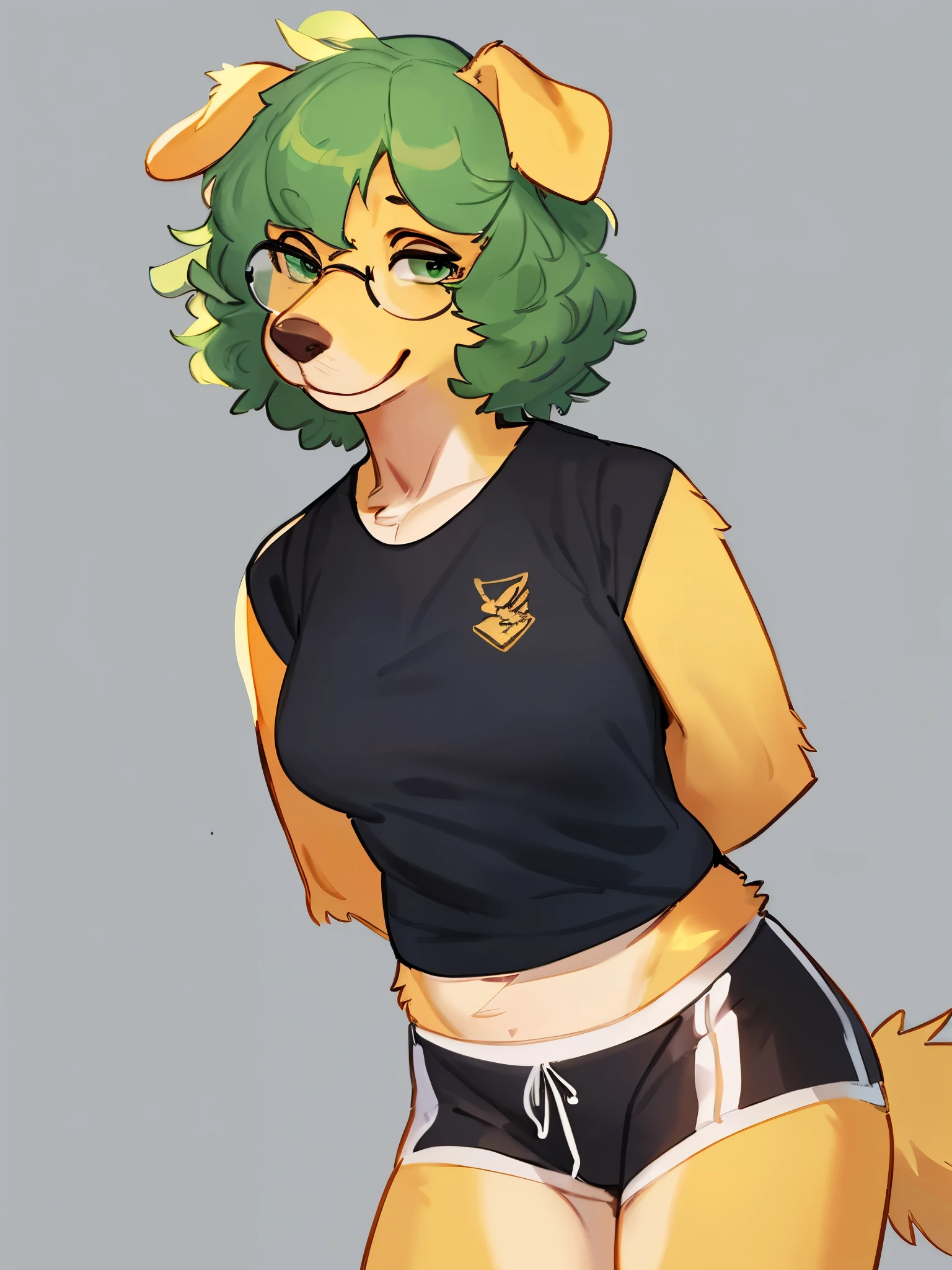 By bebebebebe, by lostgoose, by goonie-san, solo, female, standing, ((yellow fur, green hair, snout)), golden retriever, canine, messy hair, wavy hair, short hair, smiling, tee shirt, gym shorts, ((glasses, green eyes)), hands behind back
