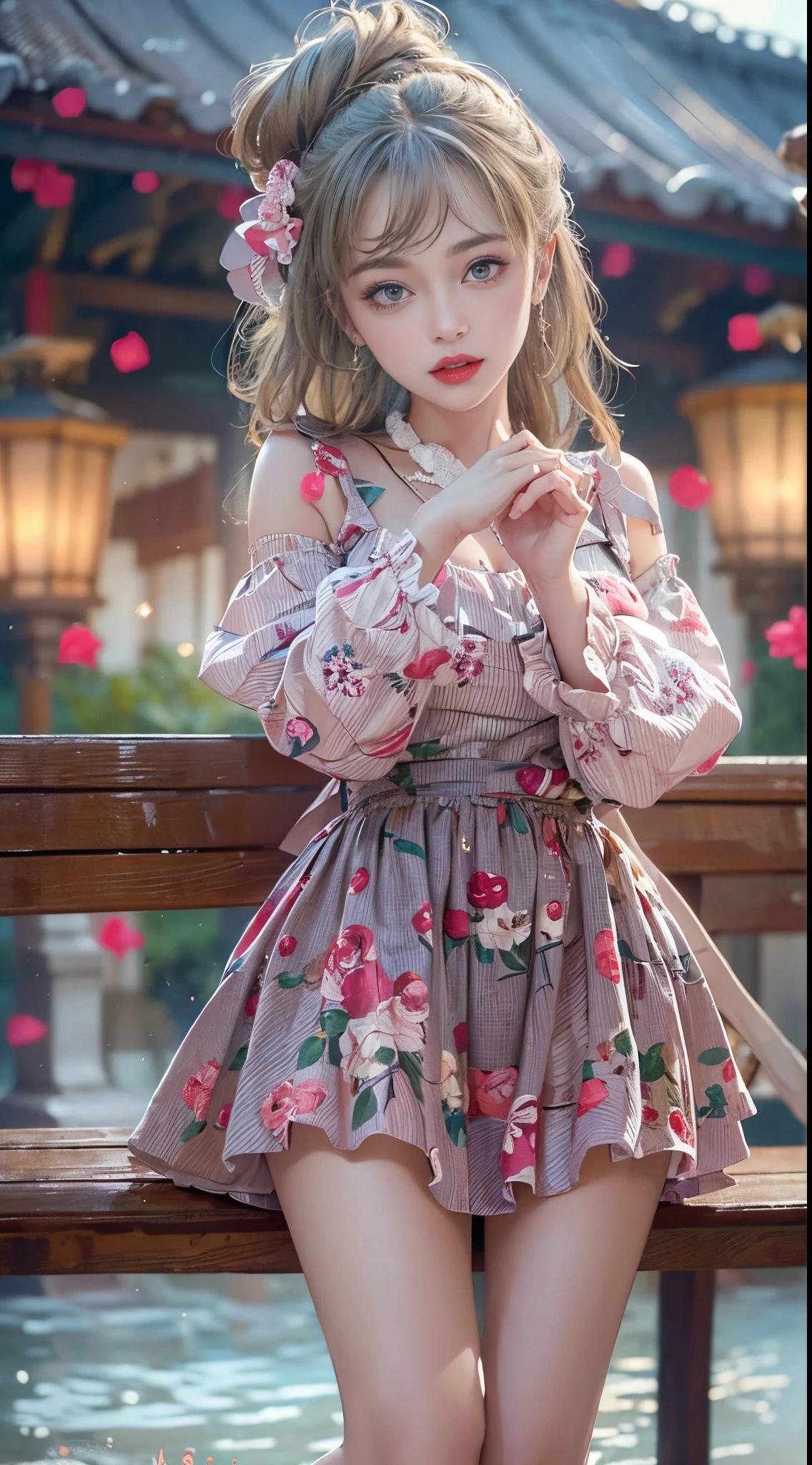 Sweet girl clothes6,print dress, fashi-girl, red lips, mature female, makeup, Big eyes, Pretty eyes, ((full body)), ((Random shooting angles)), (best quality, masterpiece:1.2), ultra-detailed, (realistic:1.37), beautiful, youthful, glamorous model with (detailed eyes, detailed lips, extremely detailed eyes), with white and floral colors, showcasing a radiant smile, creating a breathtaking depiction of a girl, Warm tones, extremely high color saturation, official art, extremely detailed CG unified 8k wallpaper,(High dynamic range :1.4), (cinematic),(soft colors, dull colors, soothing tones :1.3), (natural skin texture, ultra-realistic, soft light, sharp),(very detailed), Night, moonlight, In an antique pavilion, sit on a bench against the guardrail